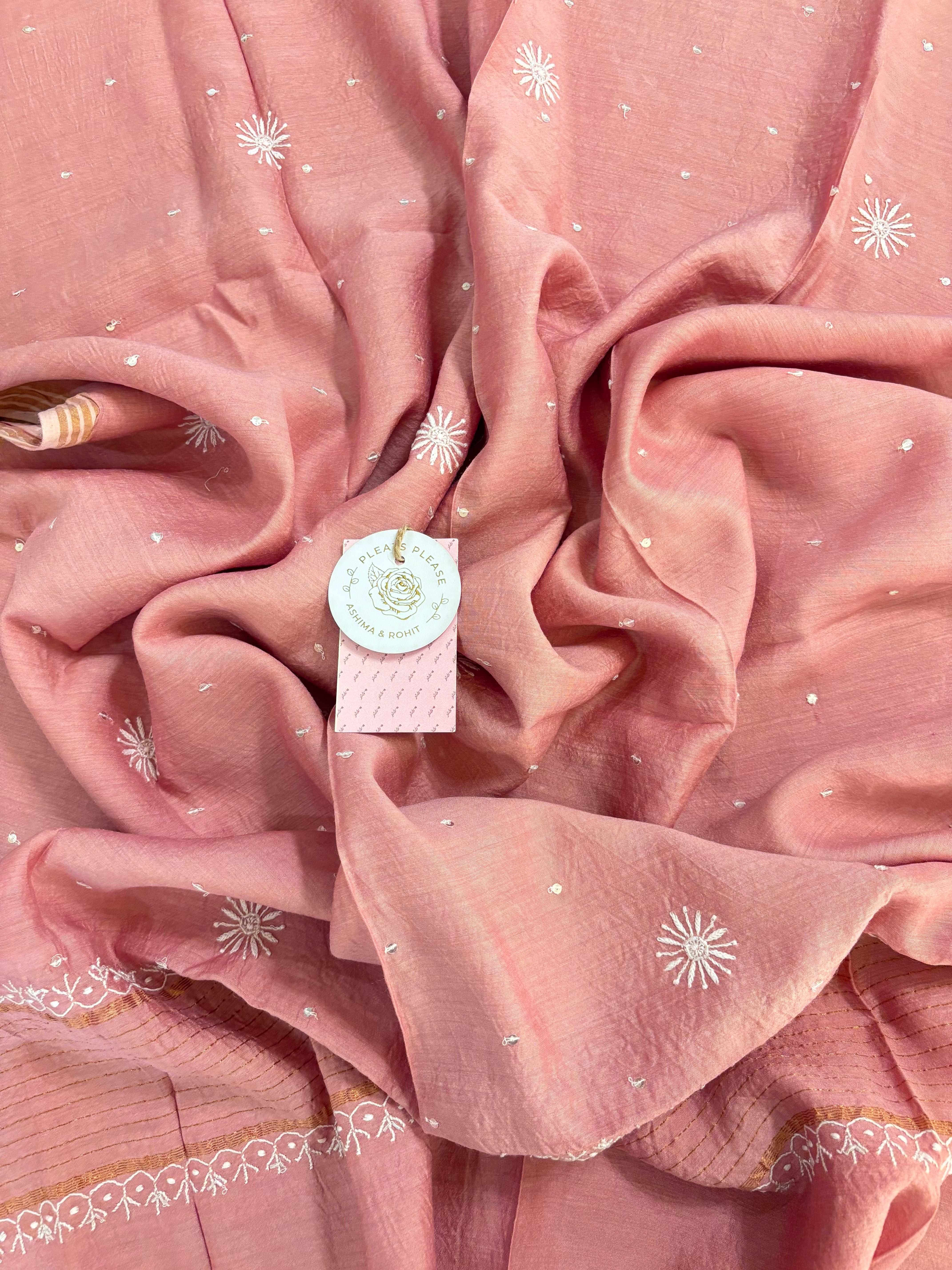 Peach Monga Silk Chikankari Anarkali & Dupatta Set