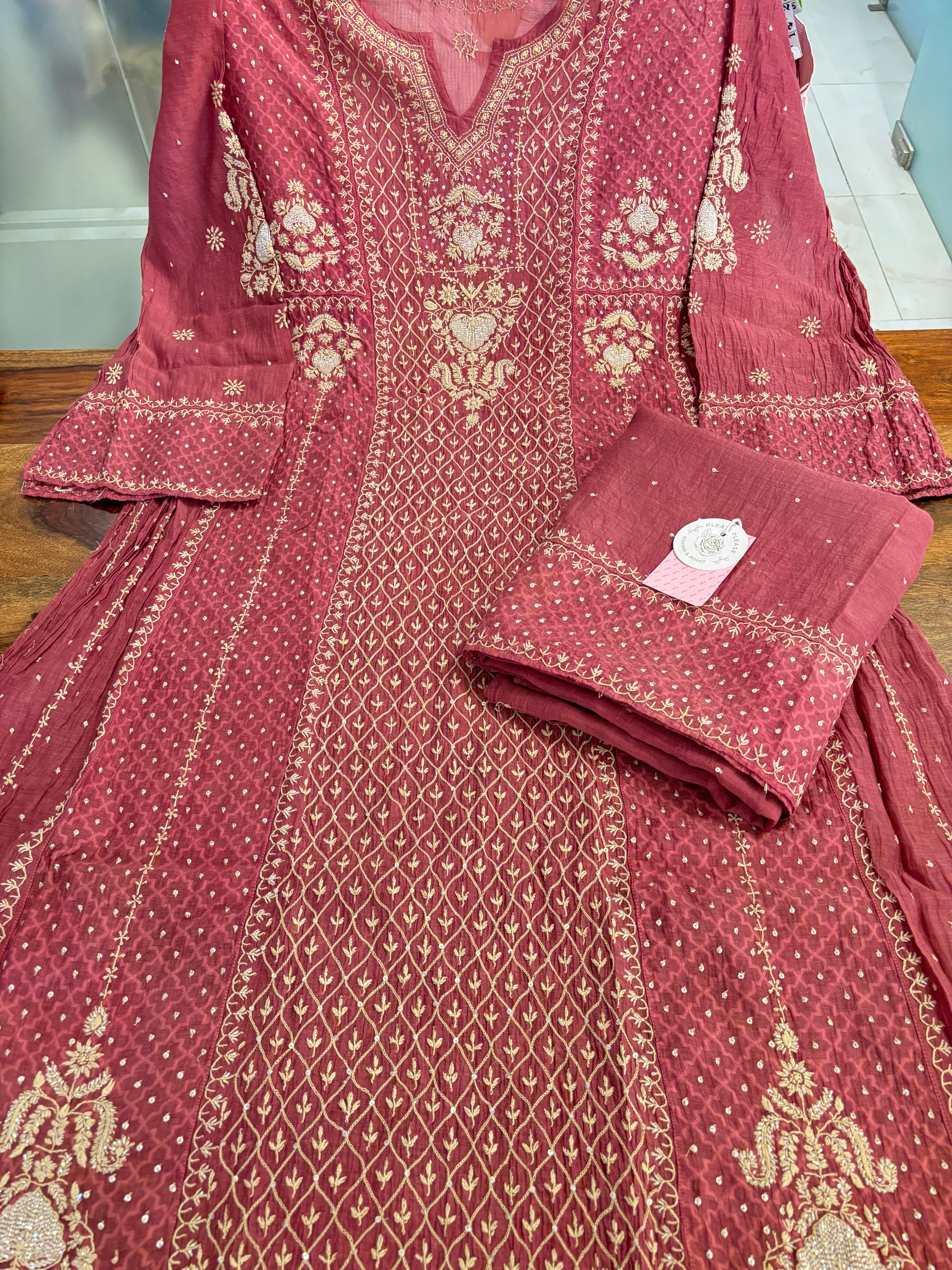 Maroon Chanderi Mul Chikankari Anarkali & Dupatta Set