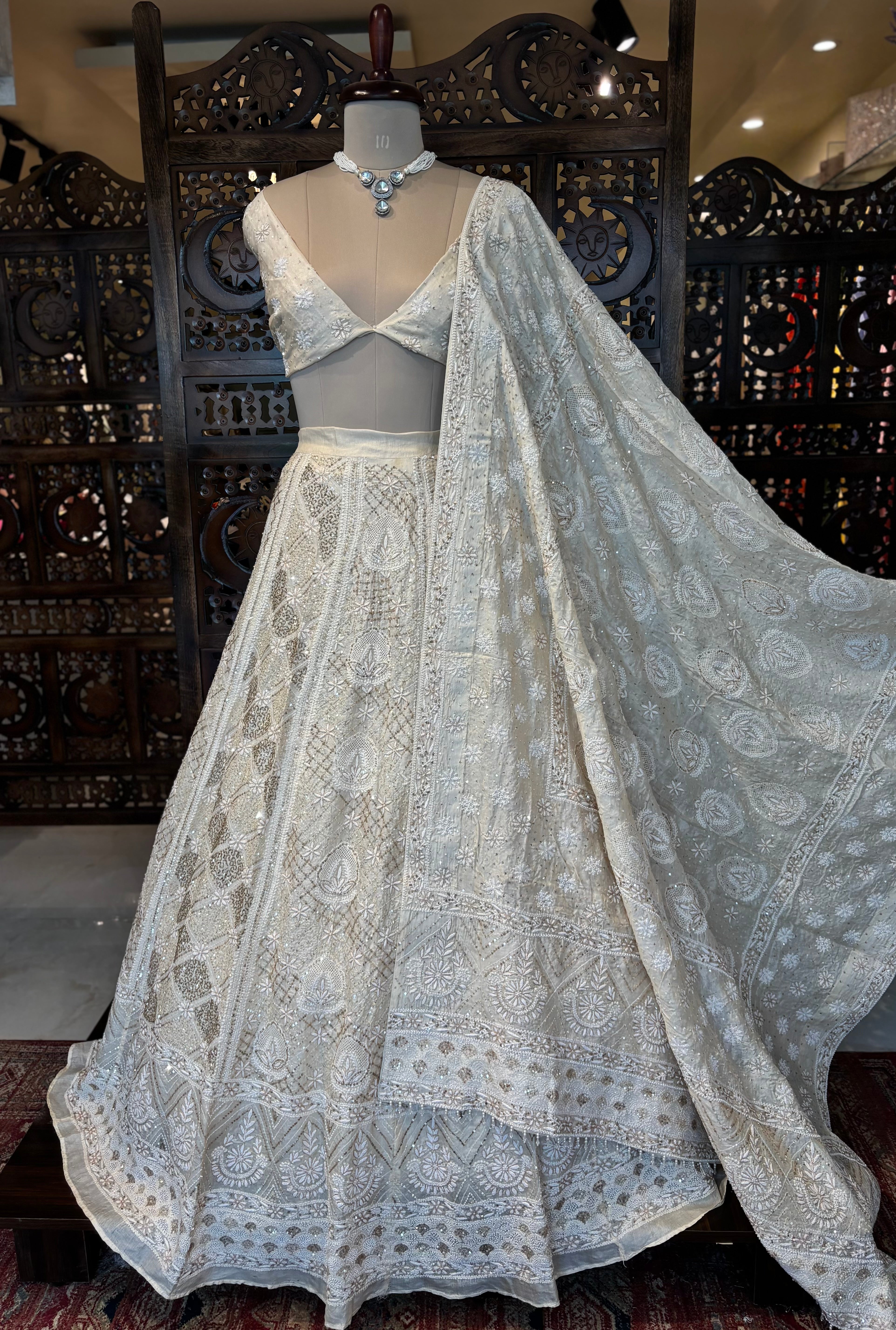 Ivory Pure & Premium Silk Chikankari Jaal Lehenga & Dupatta Set