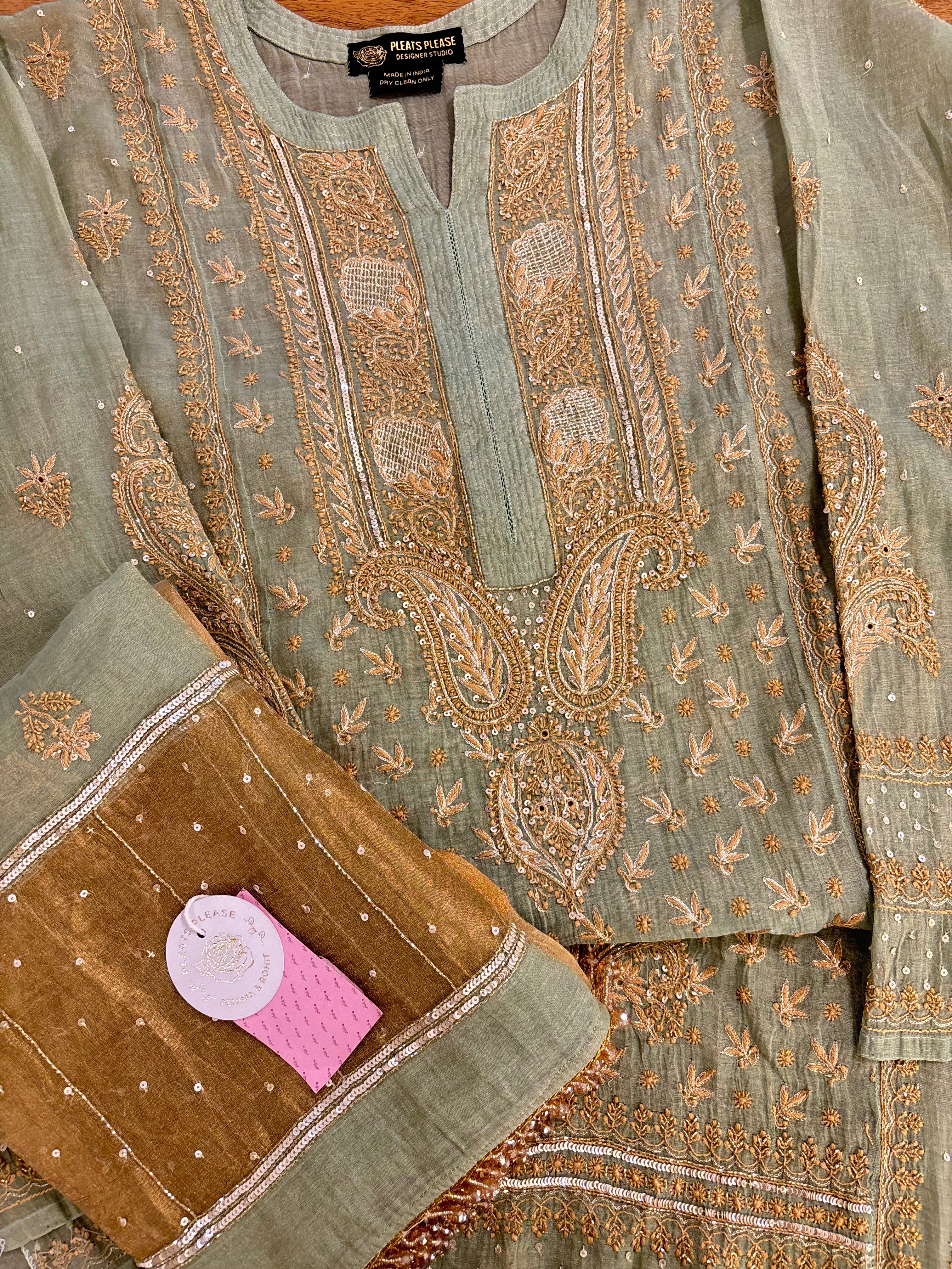 Pistachio Green Pure & Premium Tissue Chikankari Kurta & Dupatta