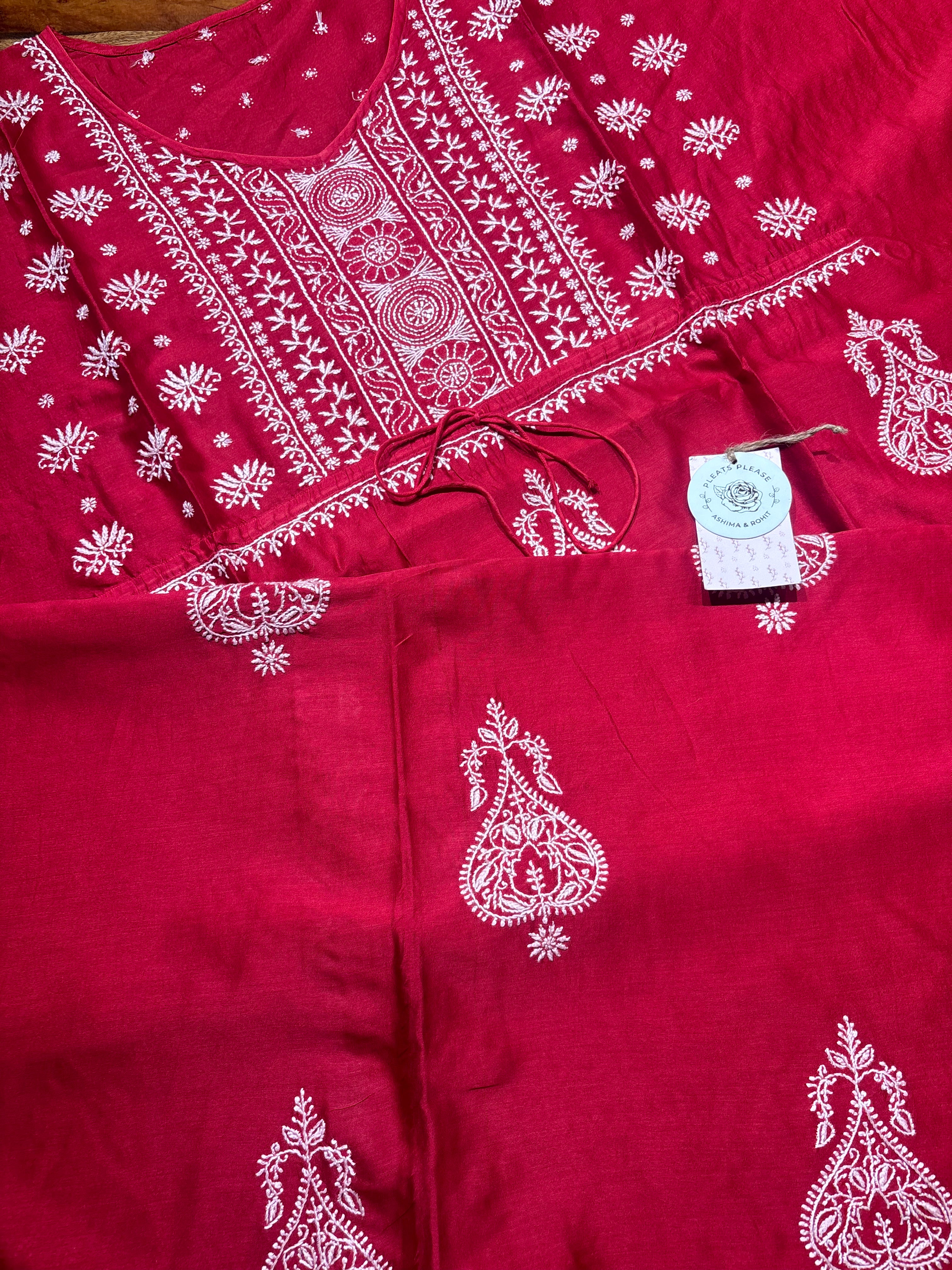 Red Chanderi Silk Chikankari Kaftan