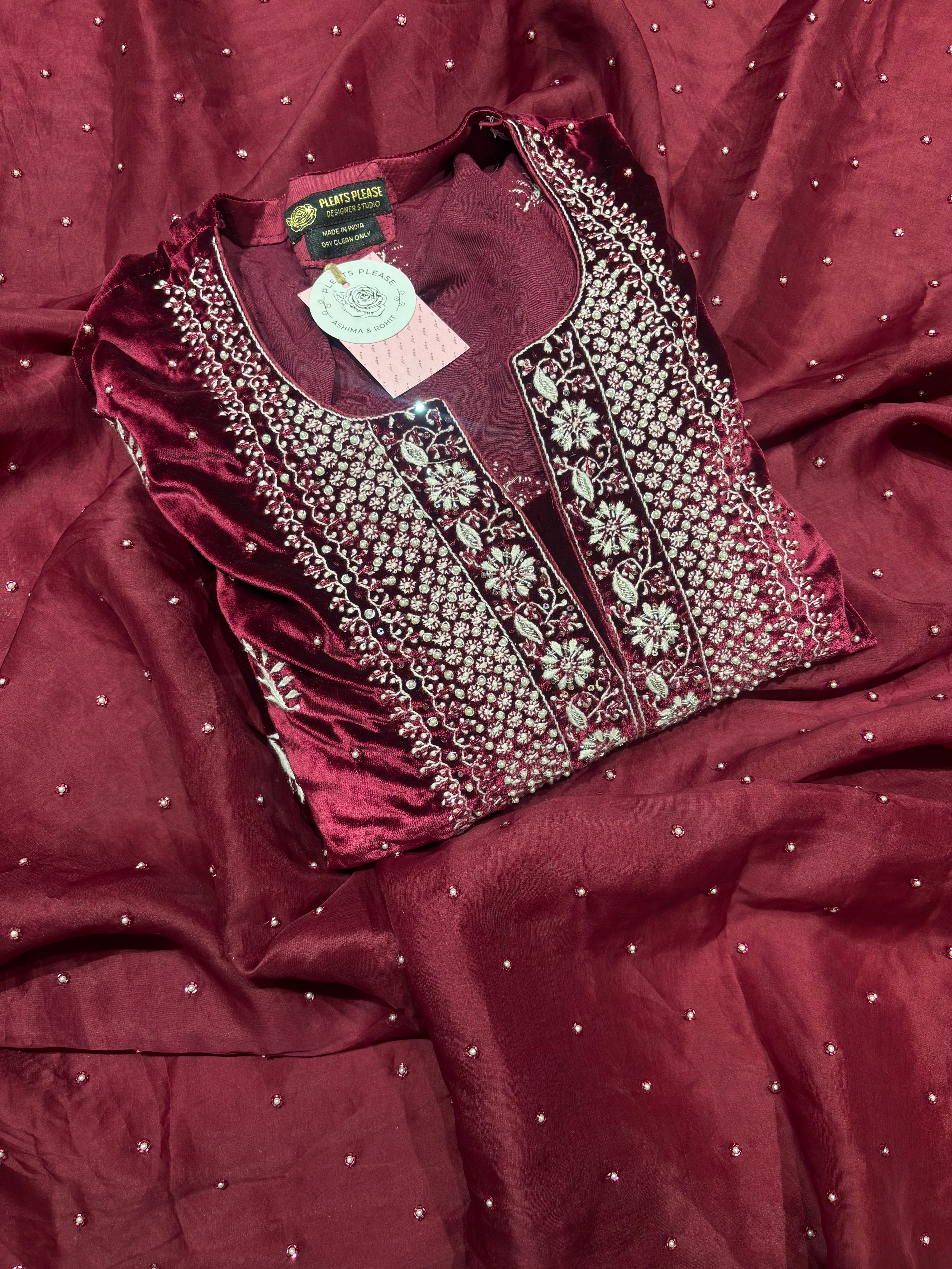 Plum Pure Velvet Chikankari Kurta And Dupatta Set