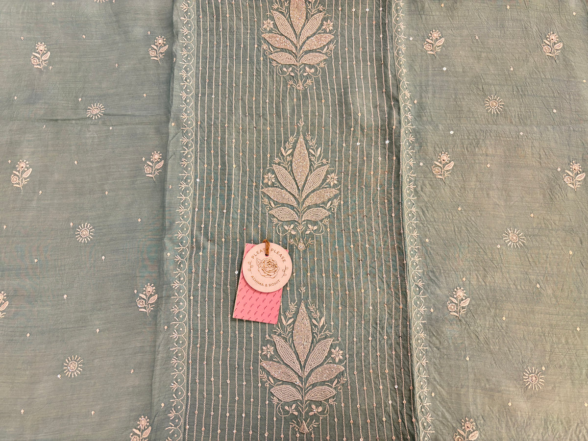 Pastel Mint Green Monga Silk Chikankari Kurta & Dupatta - Pleats PleaseChikankari