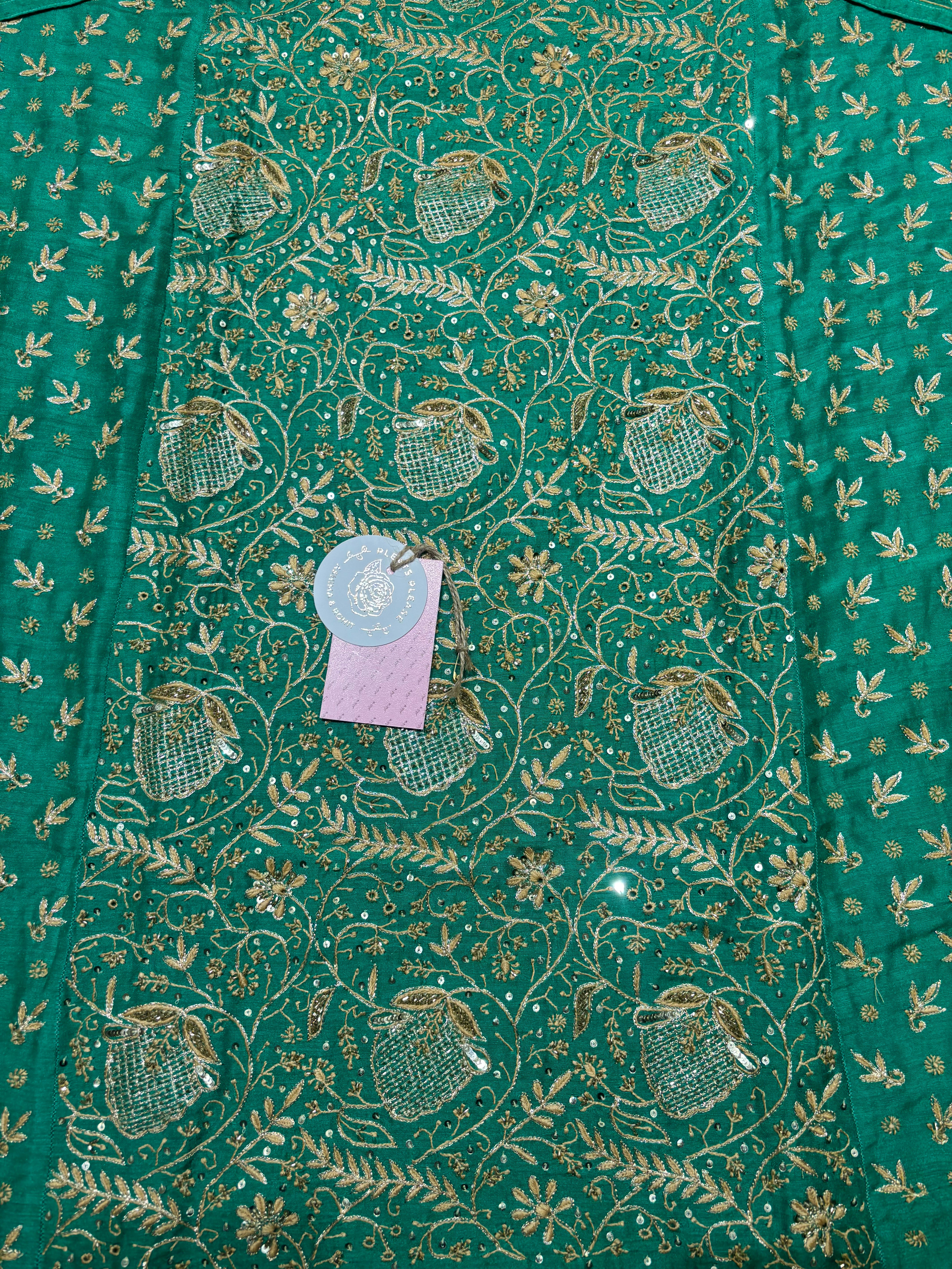 Green Monga Silk Chikankari Kurta and Dupatta