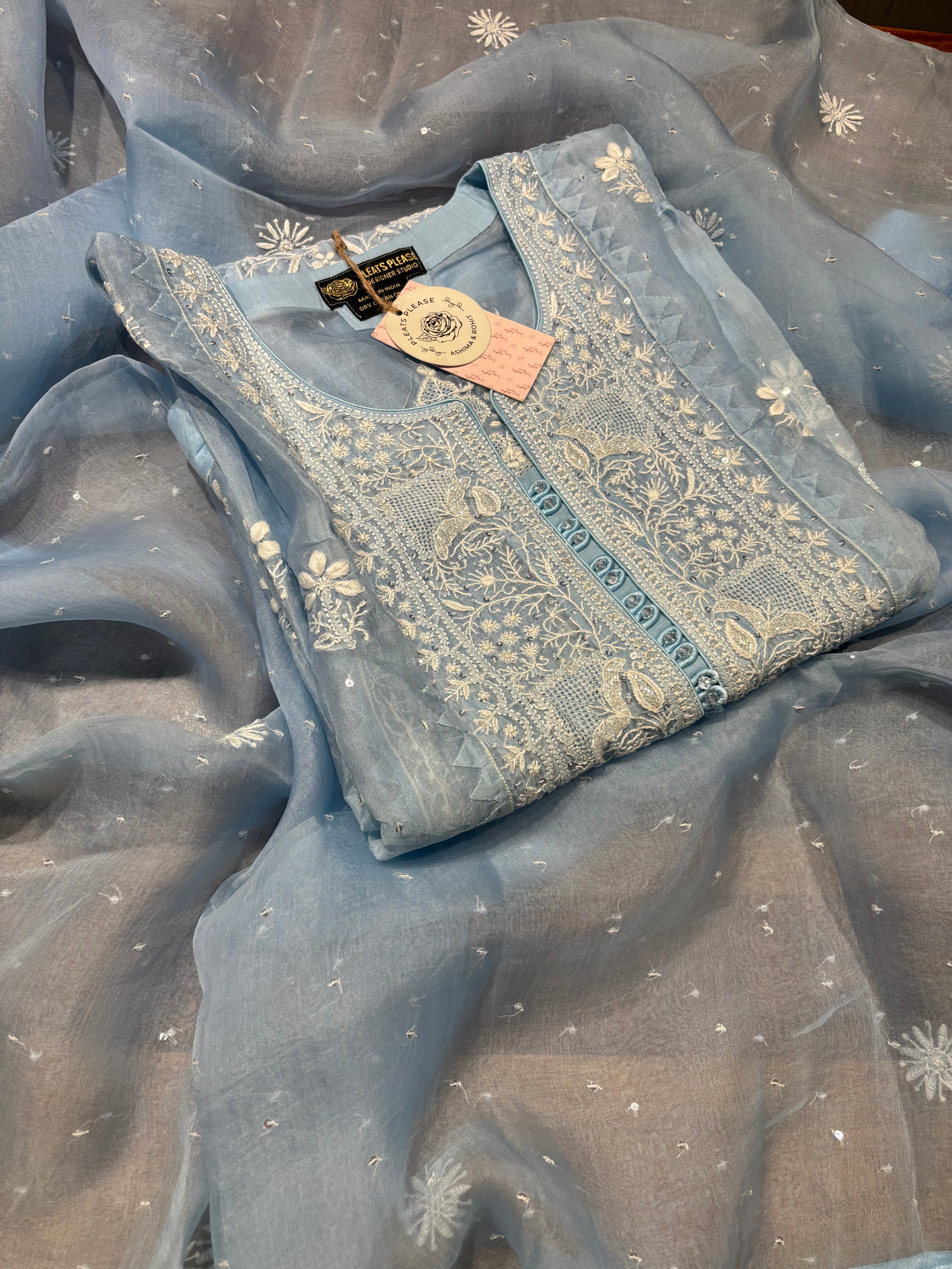 Blue Pure And Premium Organza Silk Chikankari Kurta And Dupatta Set