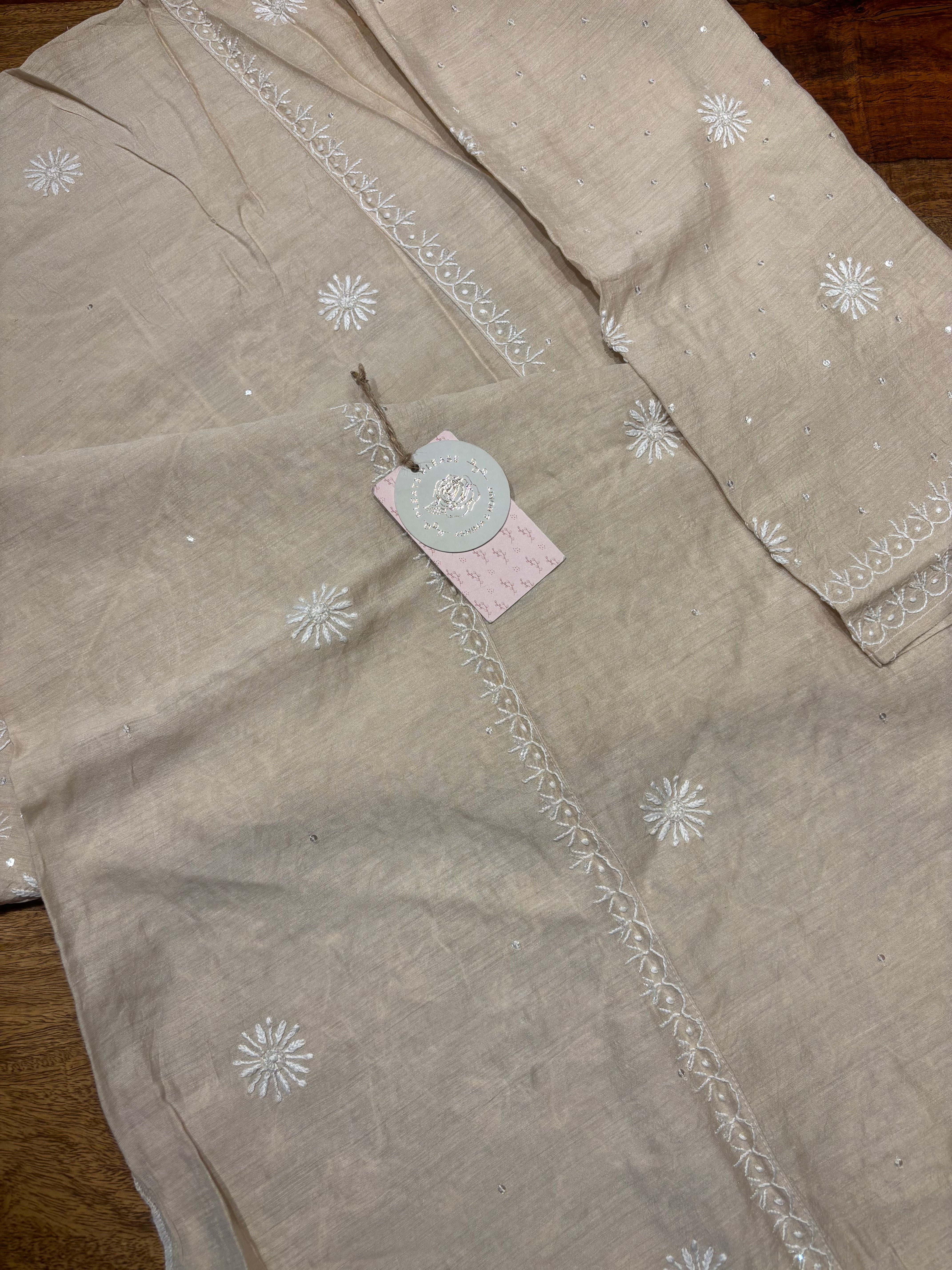 Dyeable Monga Silk Chikankari Kurta And Dupatta Set