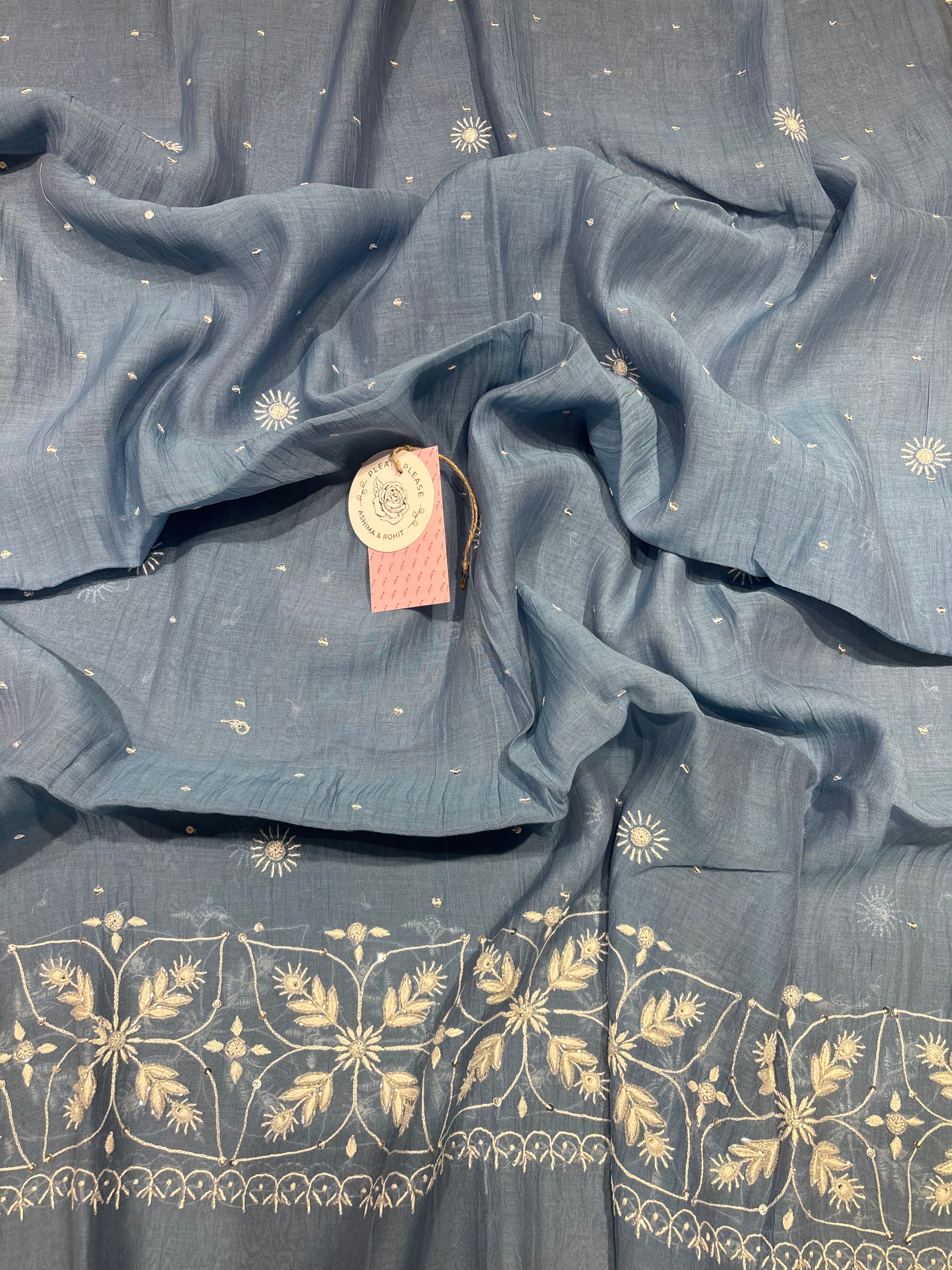 Blue Chanderi Mul Chikankari Kurta and Dupatta Set