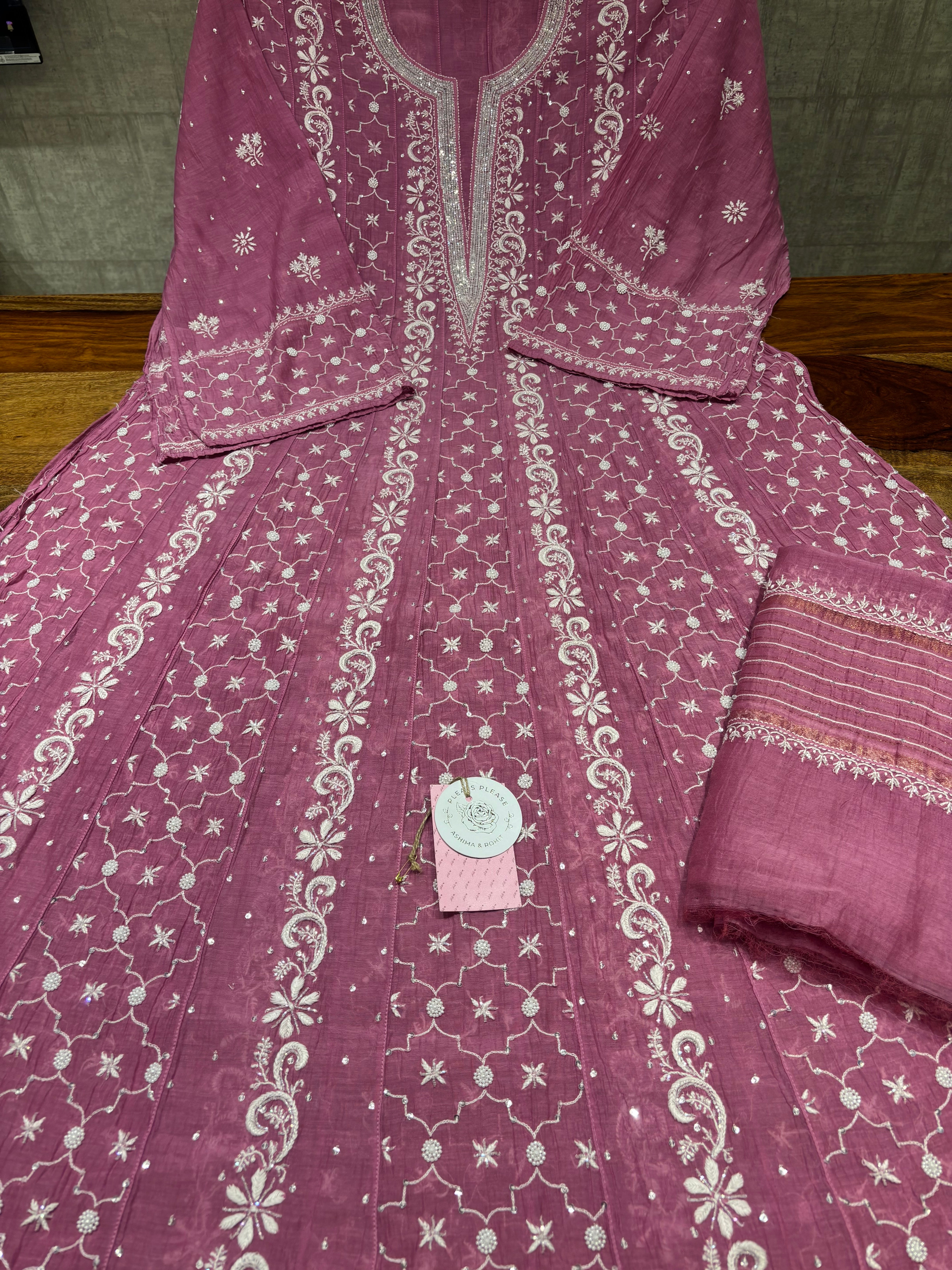 Rouge Pink Chanderi Mul Chikankari Anarkali & Dupatta Set