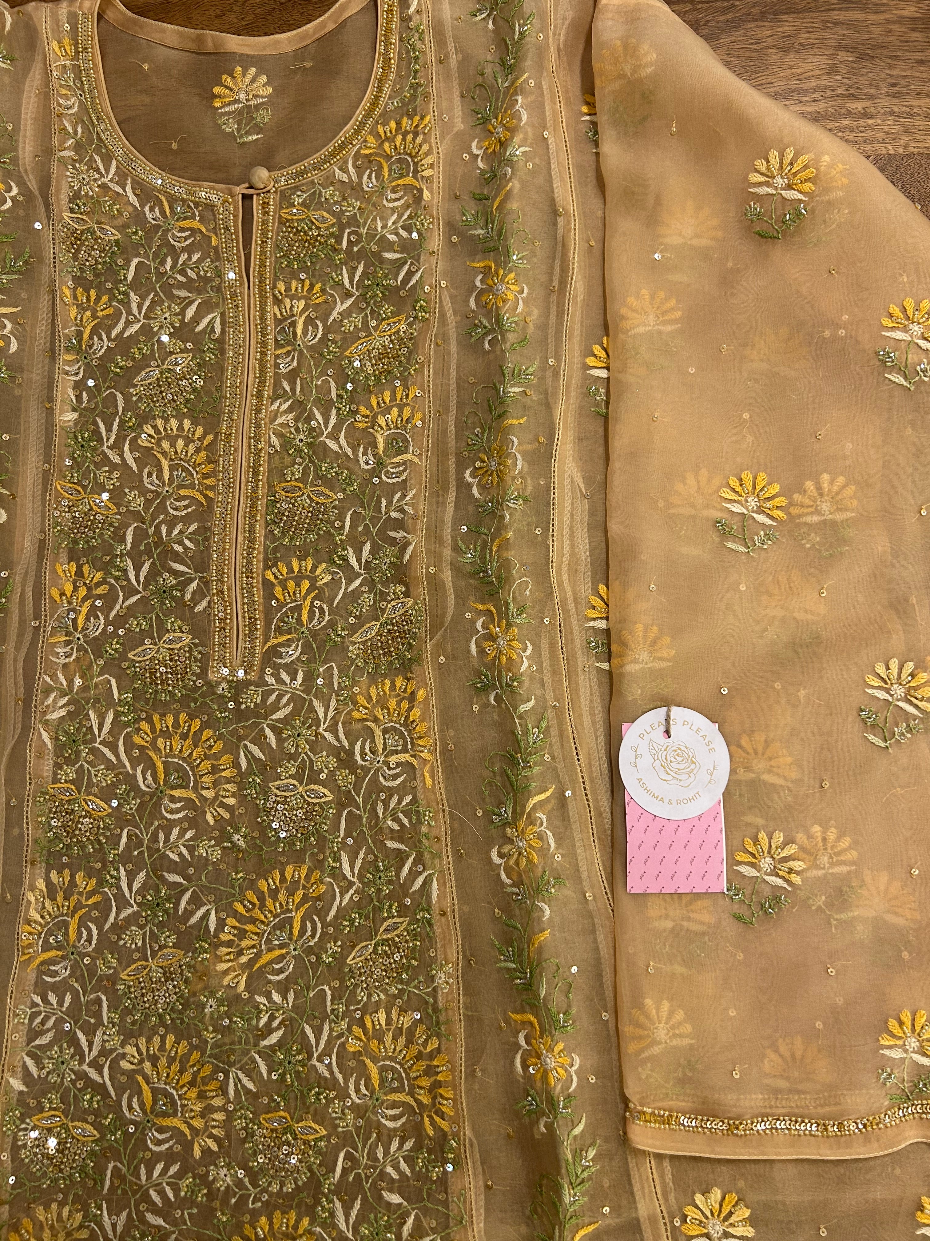 Golden Pure Organza Chikankari Kurta & Dupatta