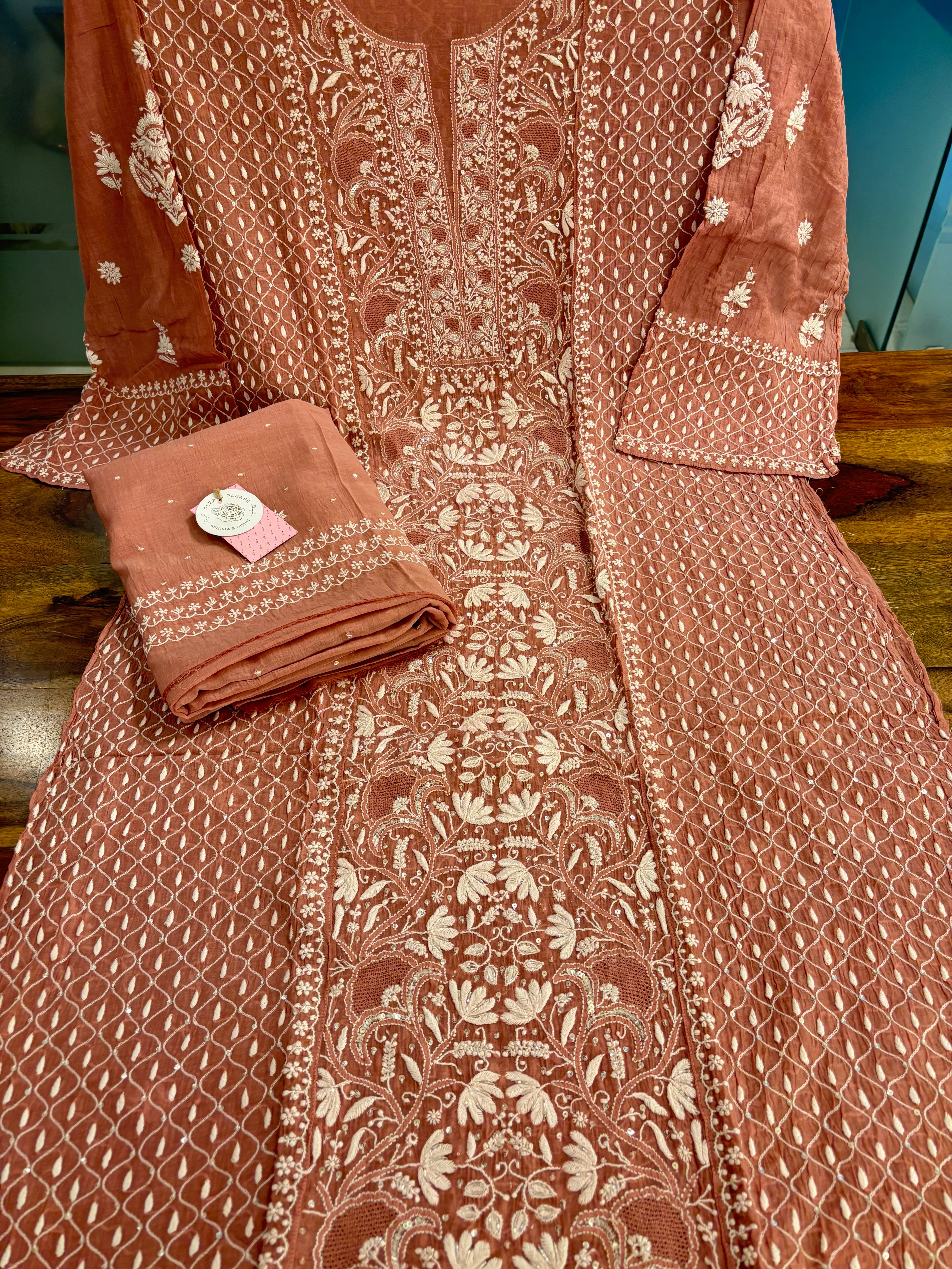 Dusty Rose Chanderi Mul Chikankari Kurta & Dupatta