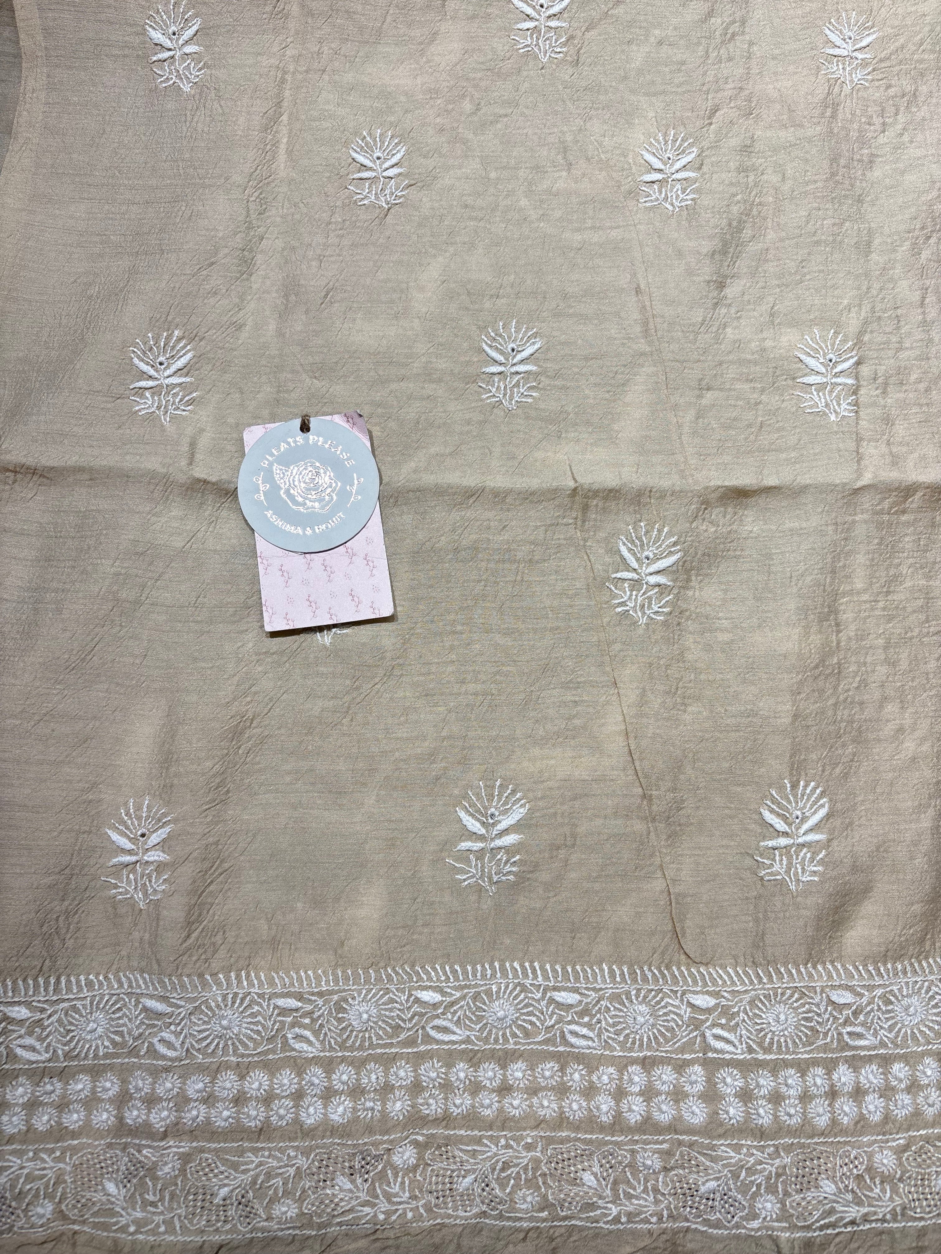 Dyeable Monga Silk Chikankari Kurta and Dupatta Set