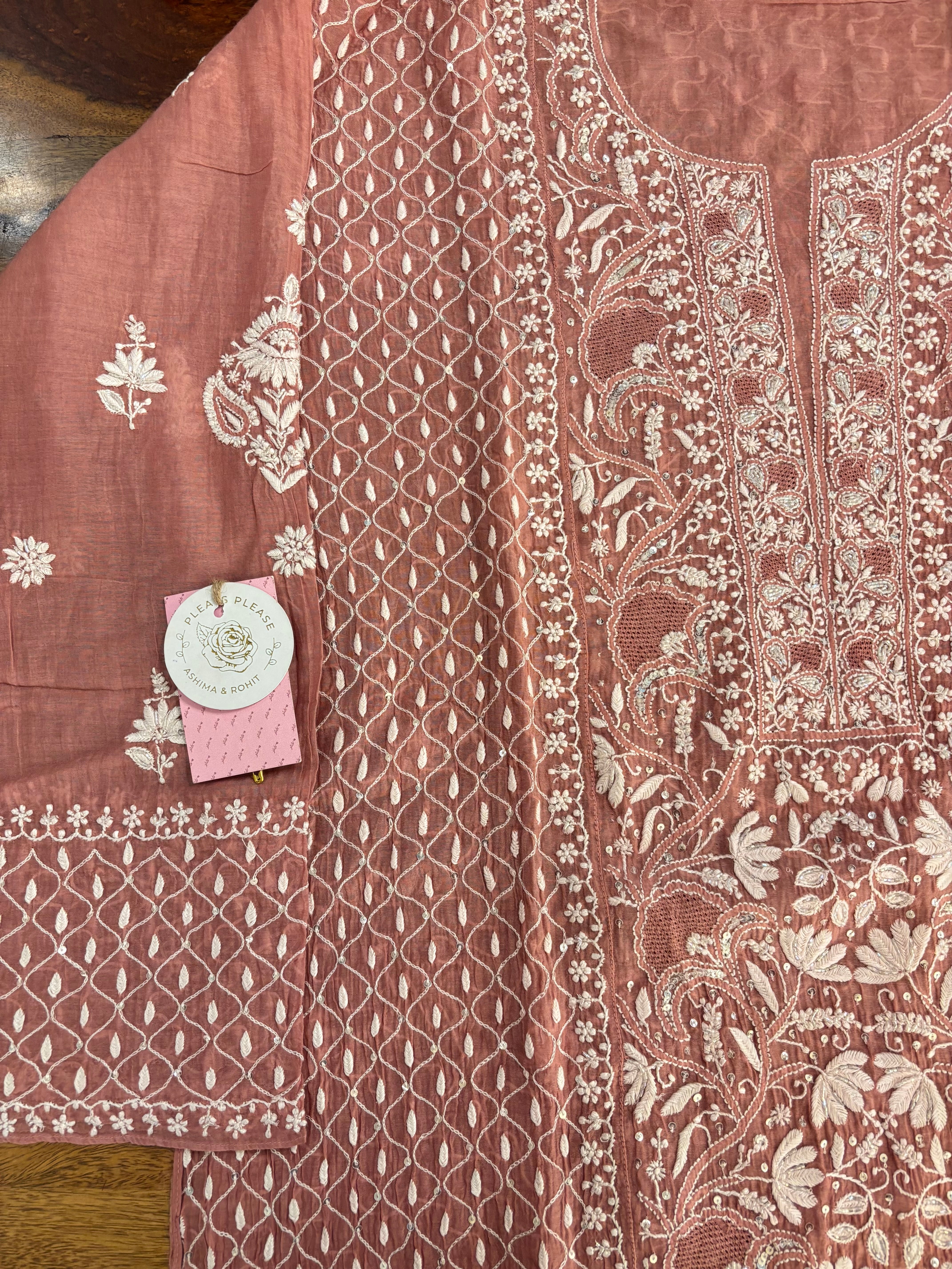 Dusty Rose Chanderi Mul Chikankari Kurta & Dupatta
