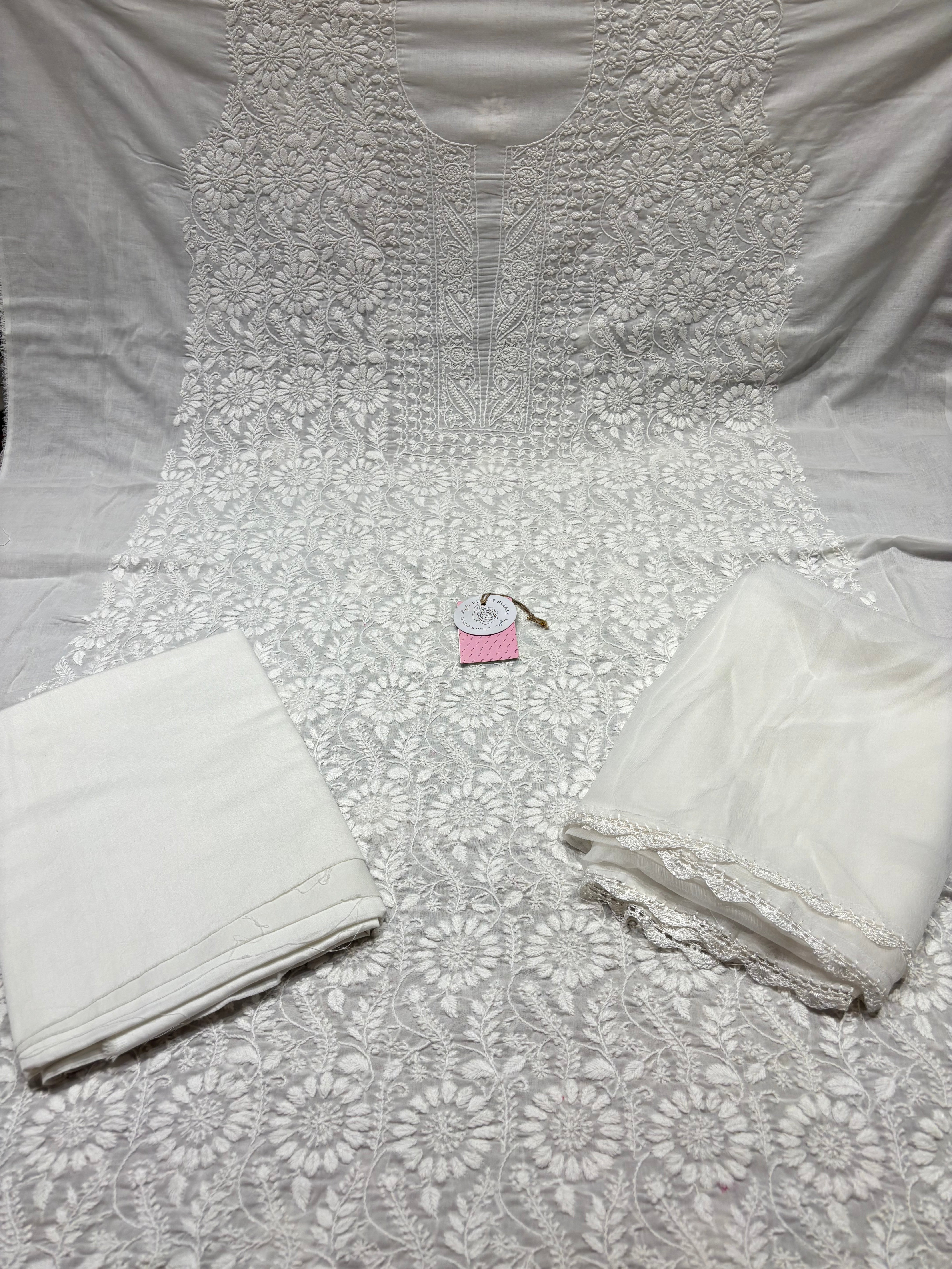 Dyeable Mulmul Chikankari Kurta, Dupatta & Bottom Fabric