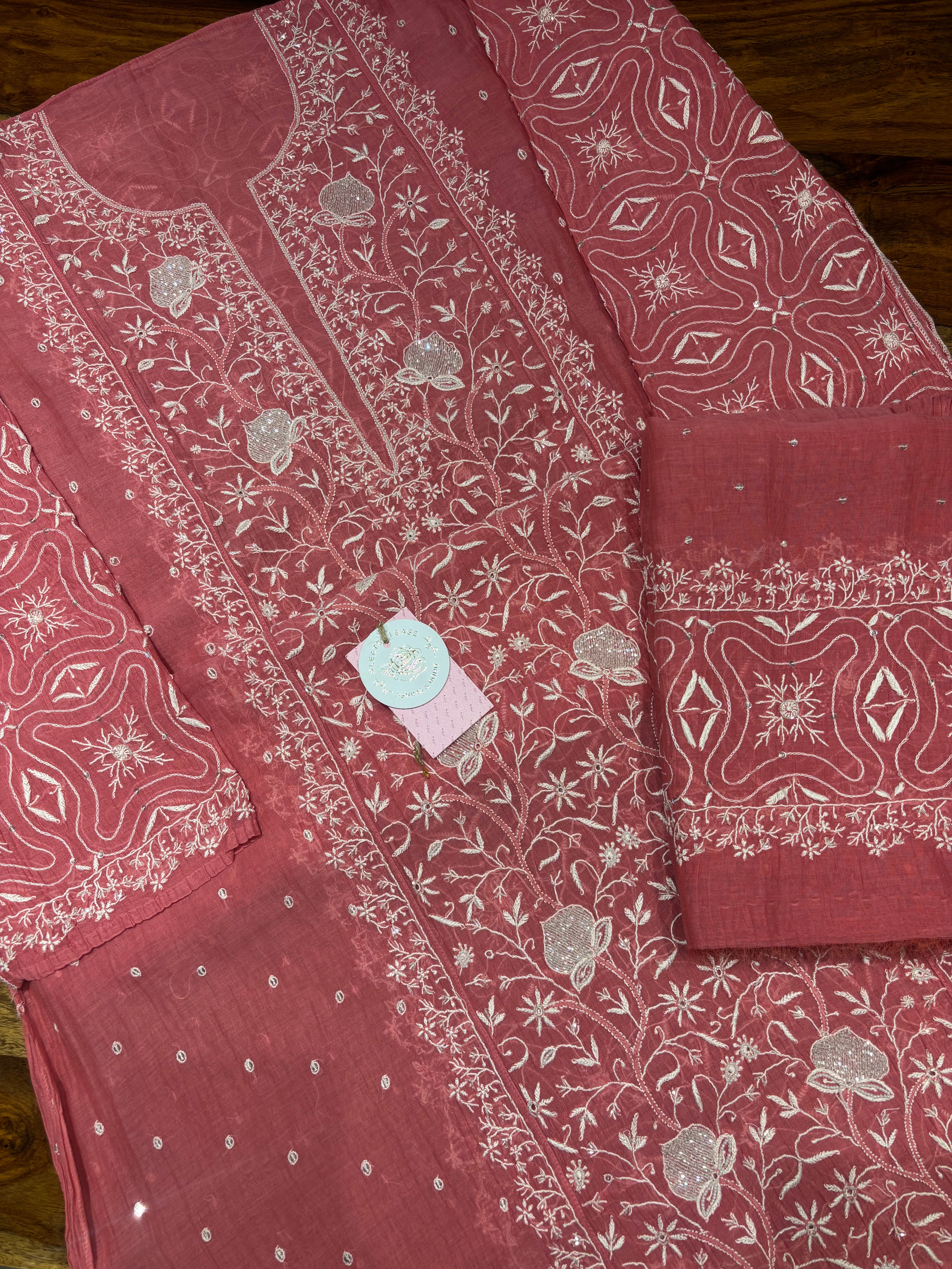 Coral Pink Chanderi Mul Chikankari Kurta & Dupatta Set
