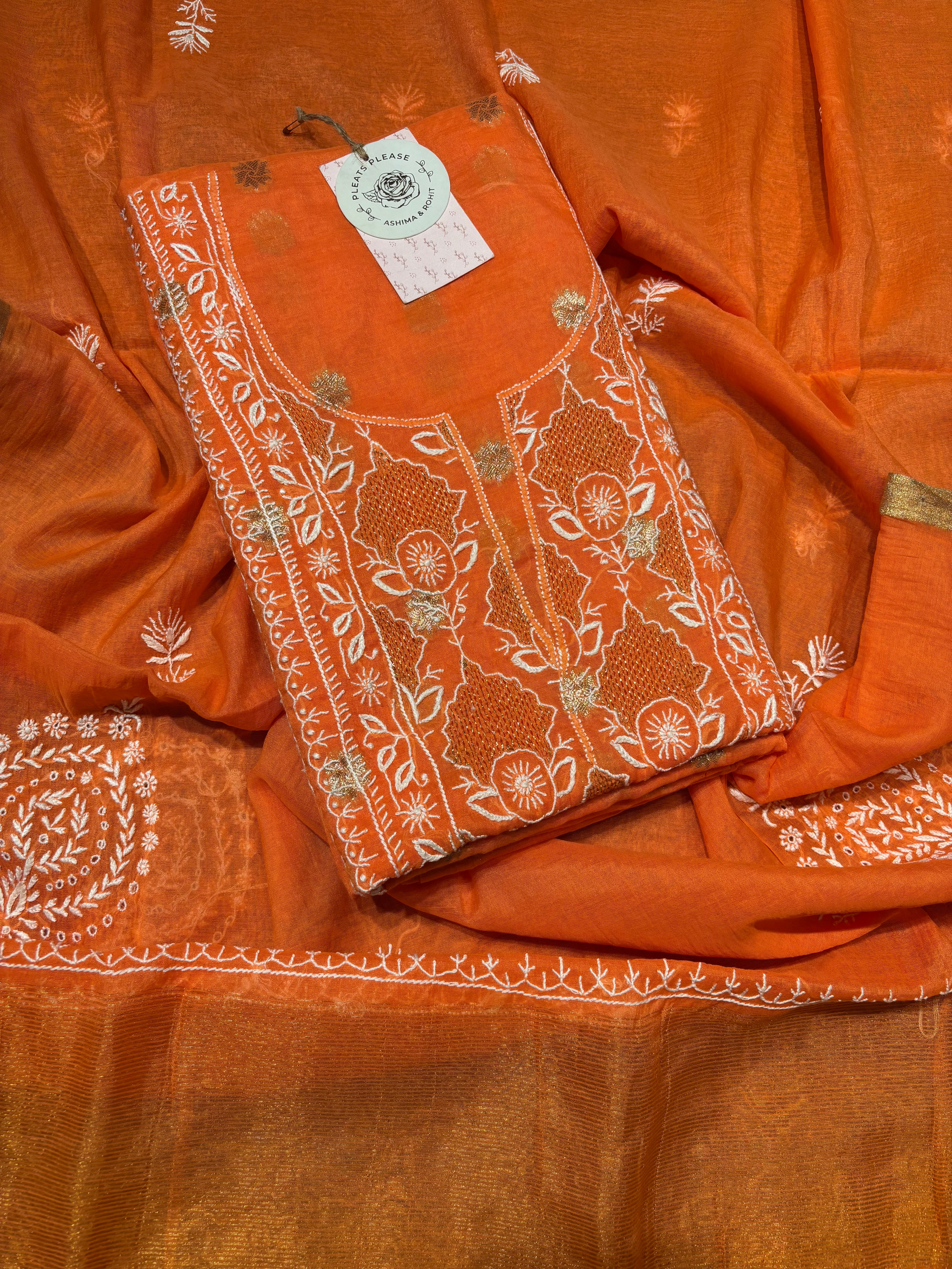 Burnt Orange Chanderi Silk Chikankari Kurta And Dupatta Fabric
