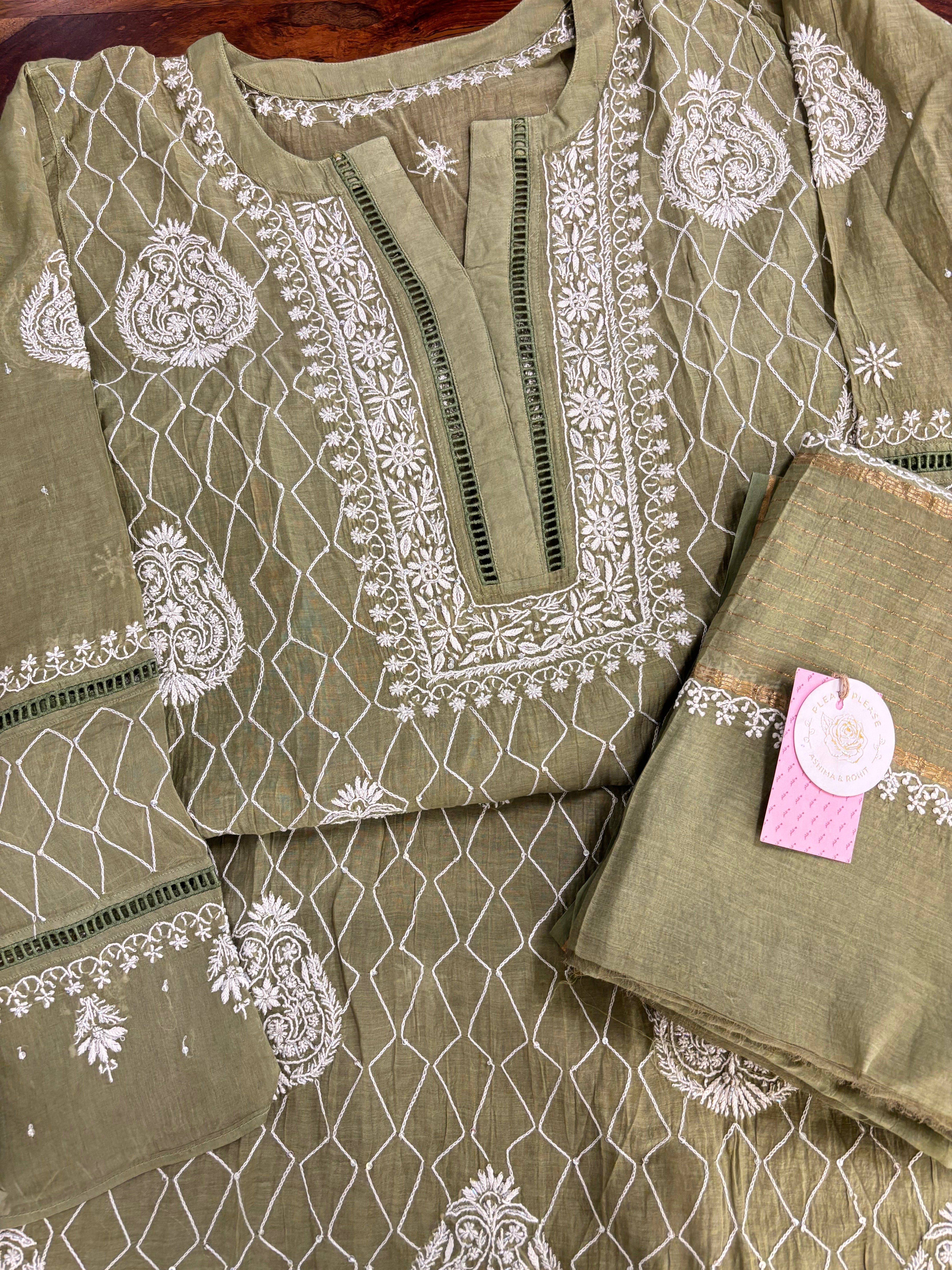 Olive Green Chanderi Mul Chikankari Kurta & Dupatta