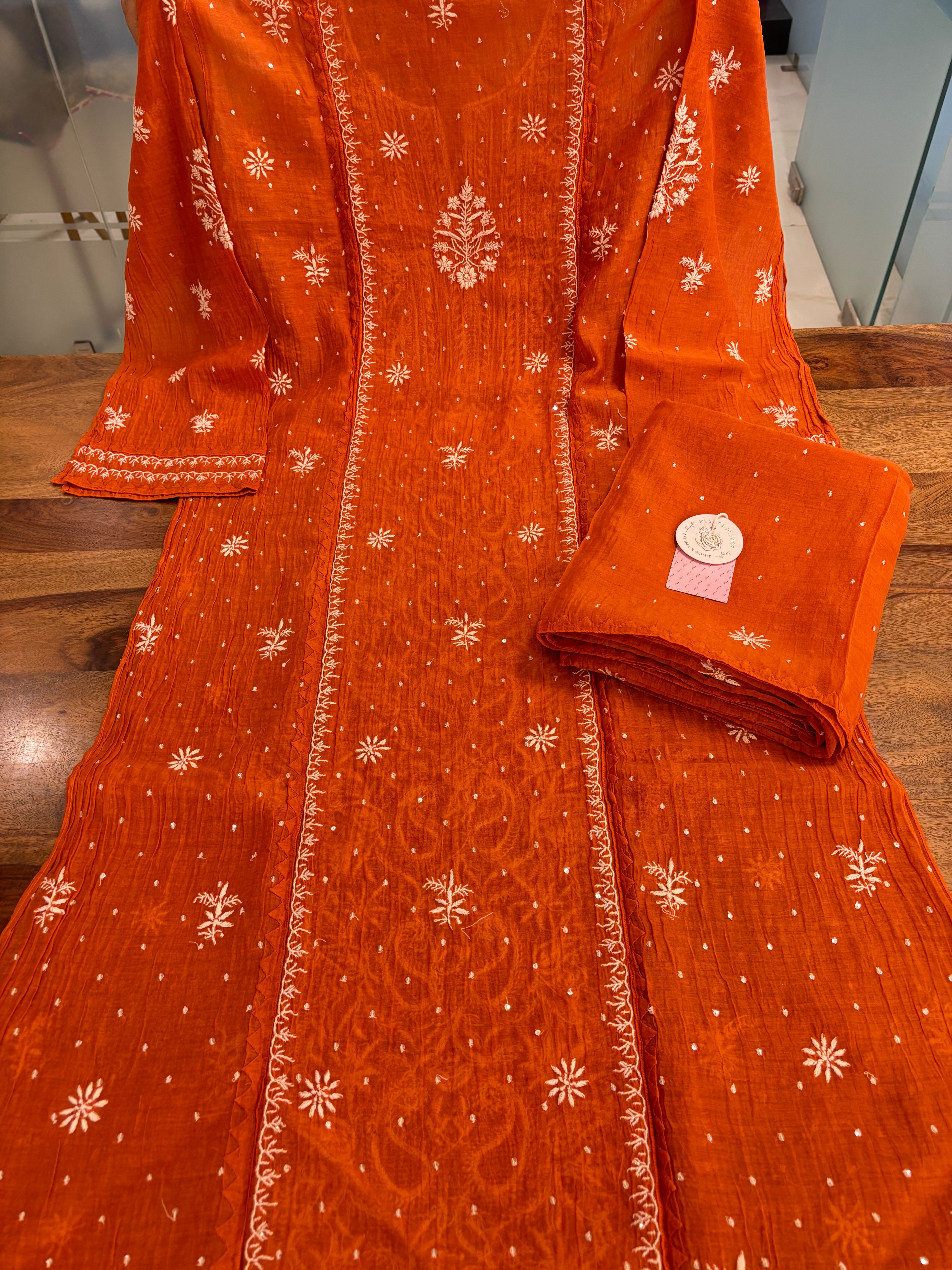 Burnt Orange Chanderi Mul Chikankari Kurta & Dupatta
