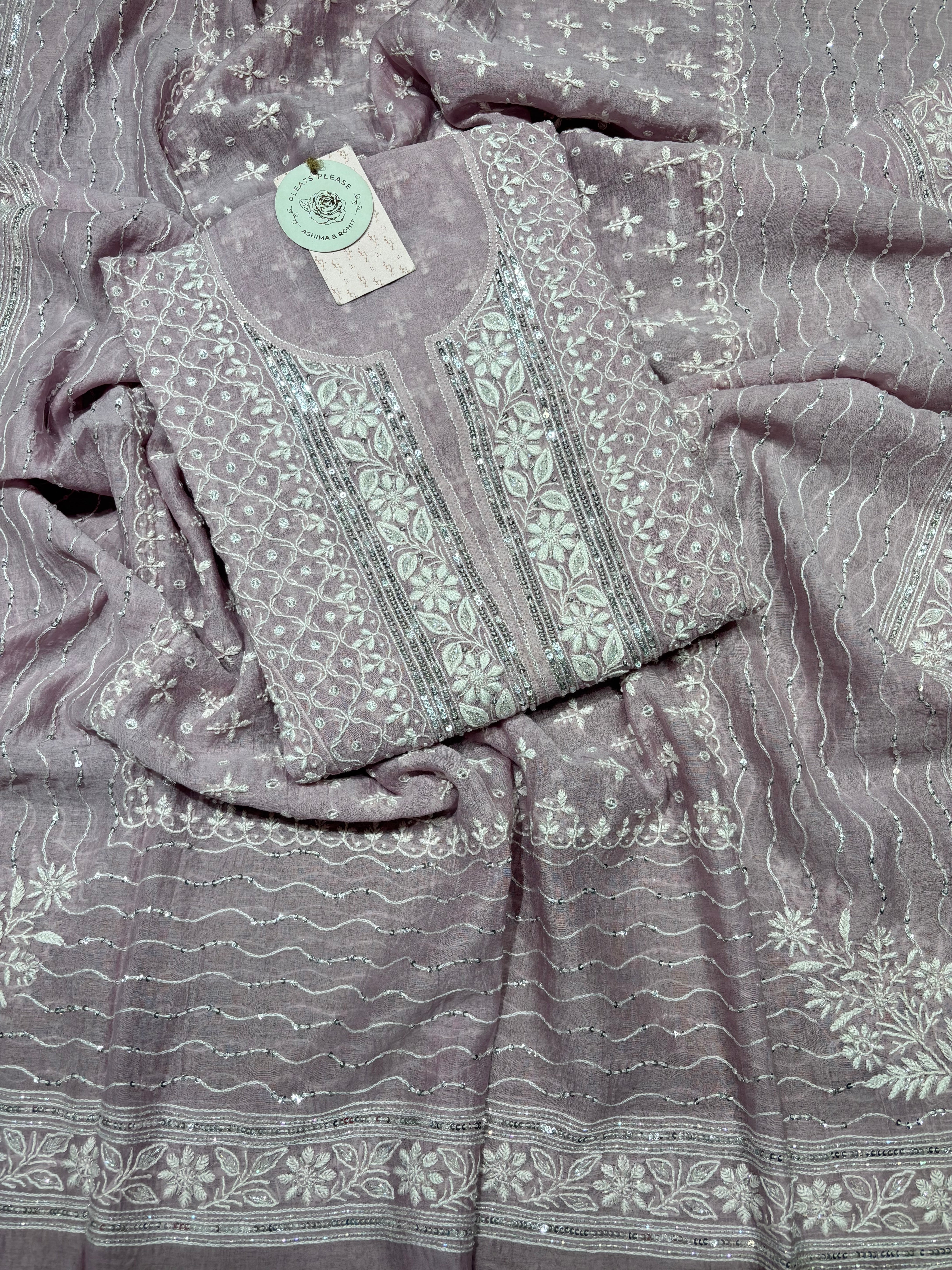 Lavender Chanderi Mul Chikankari  Kurta & Dupatta Set