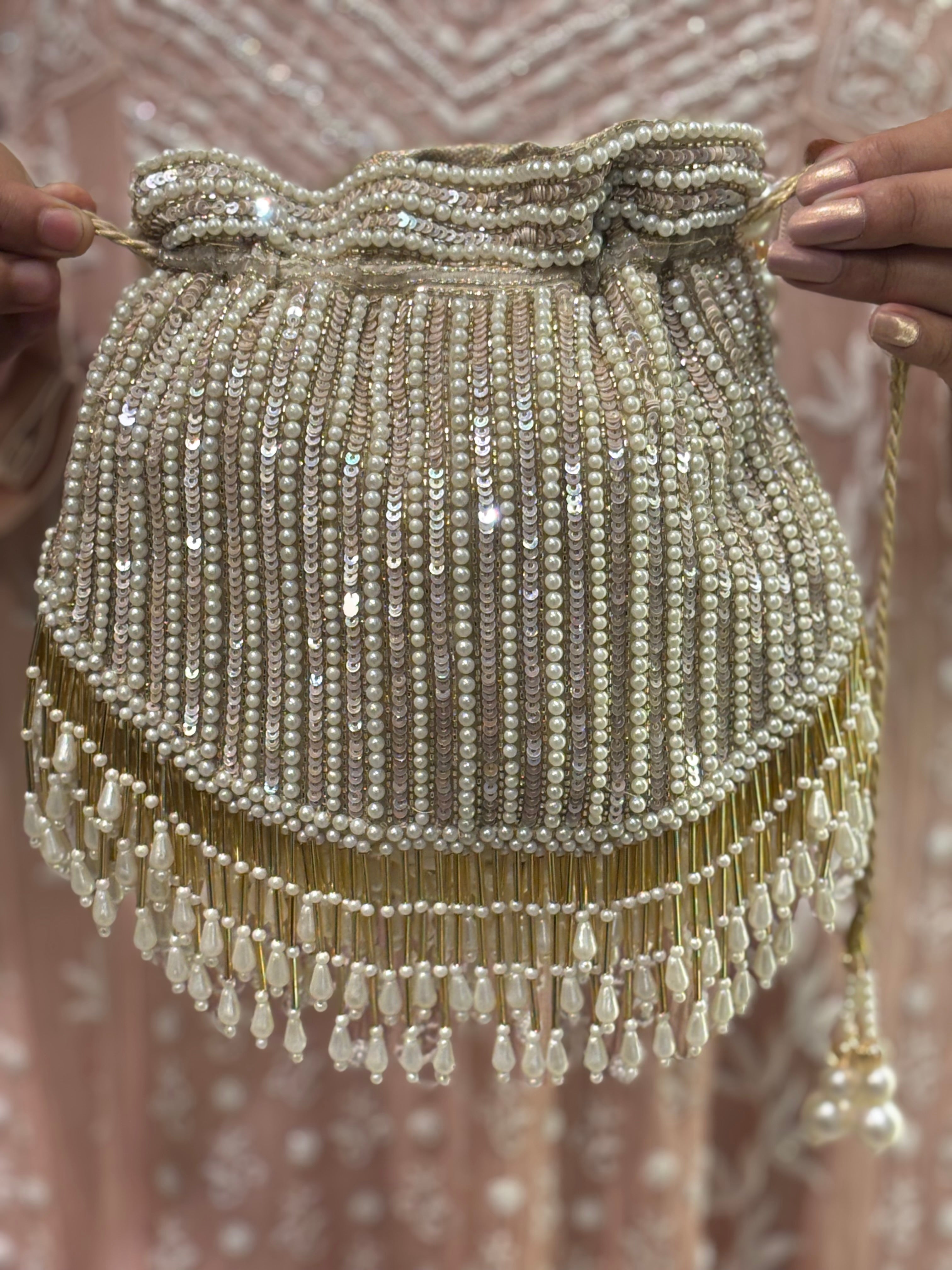 Silver Sequins And Pearl Potli