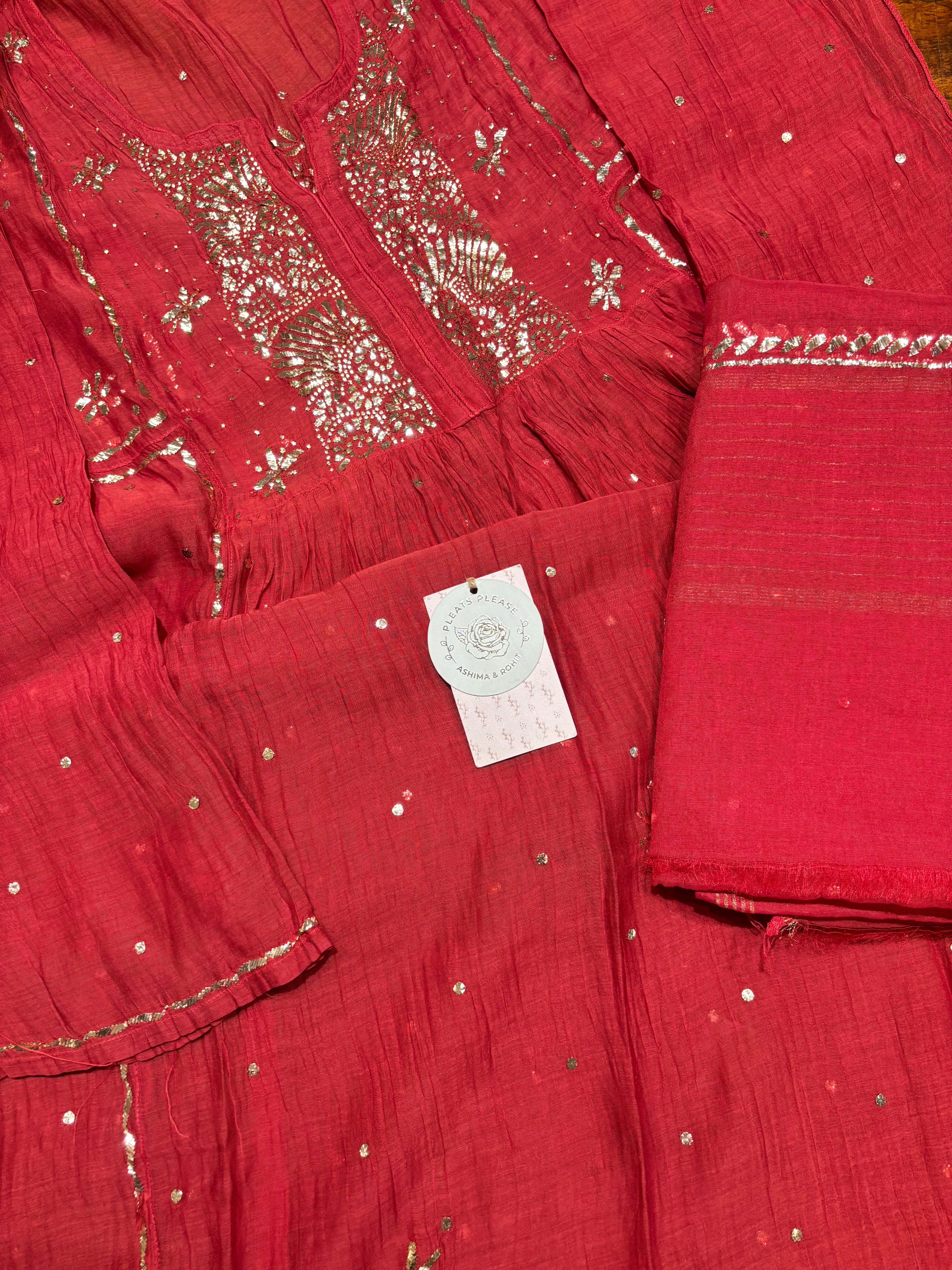 Red Chanderi Mul Mukaish Tunic Kurta and Dupatta Set