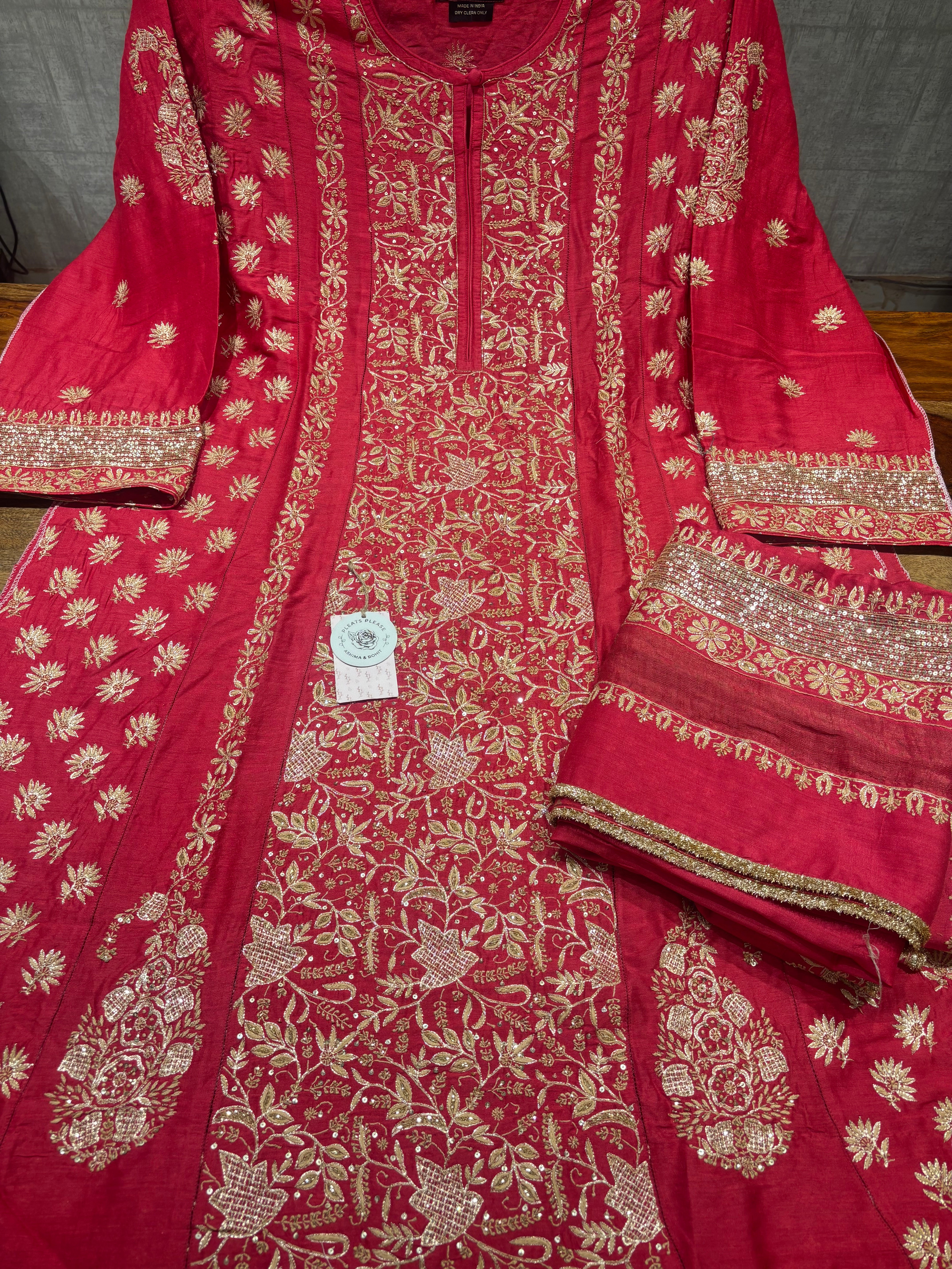 Red Monga Silk Chikankari A-line Anarkali & Dupatta Set