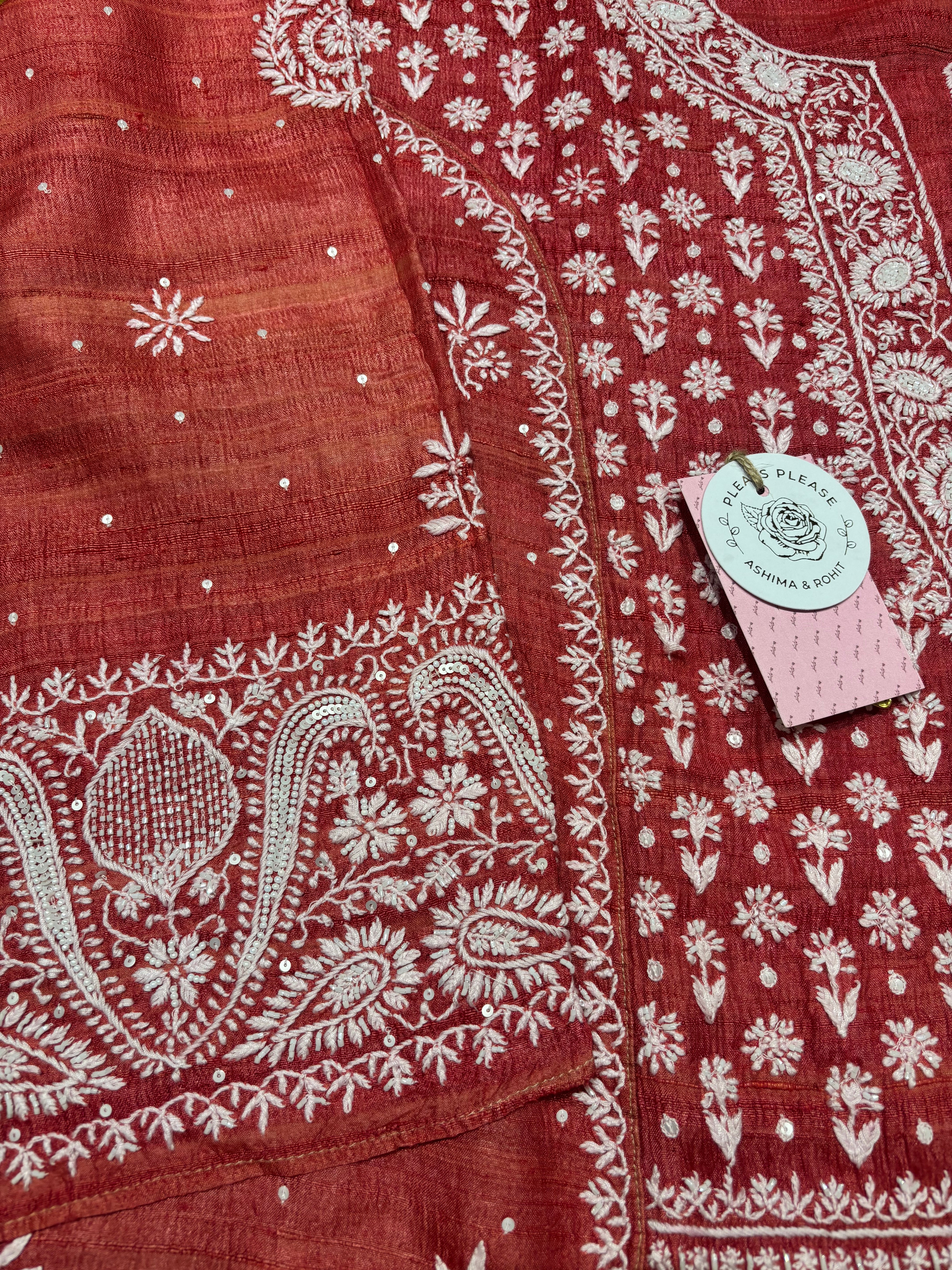 Red Pure & Premium Tussar Silk Chikankari Kurta & Dupatta Set