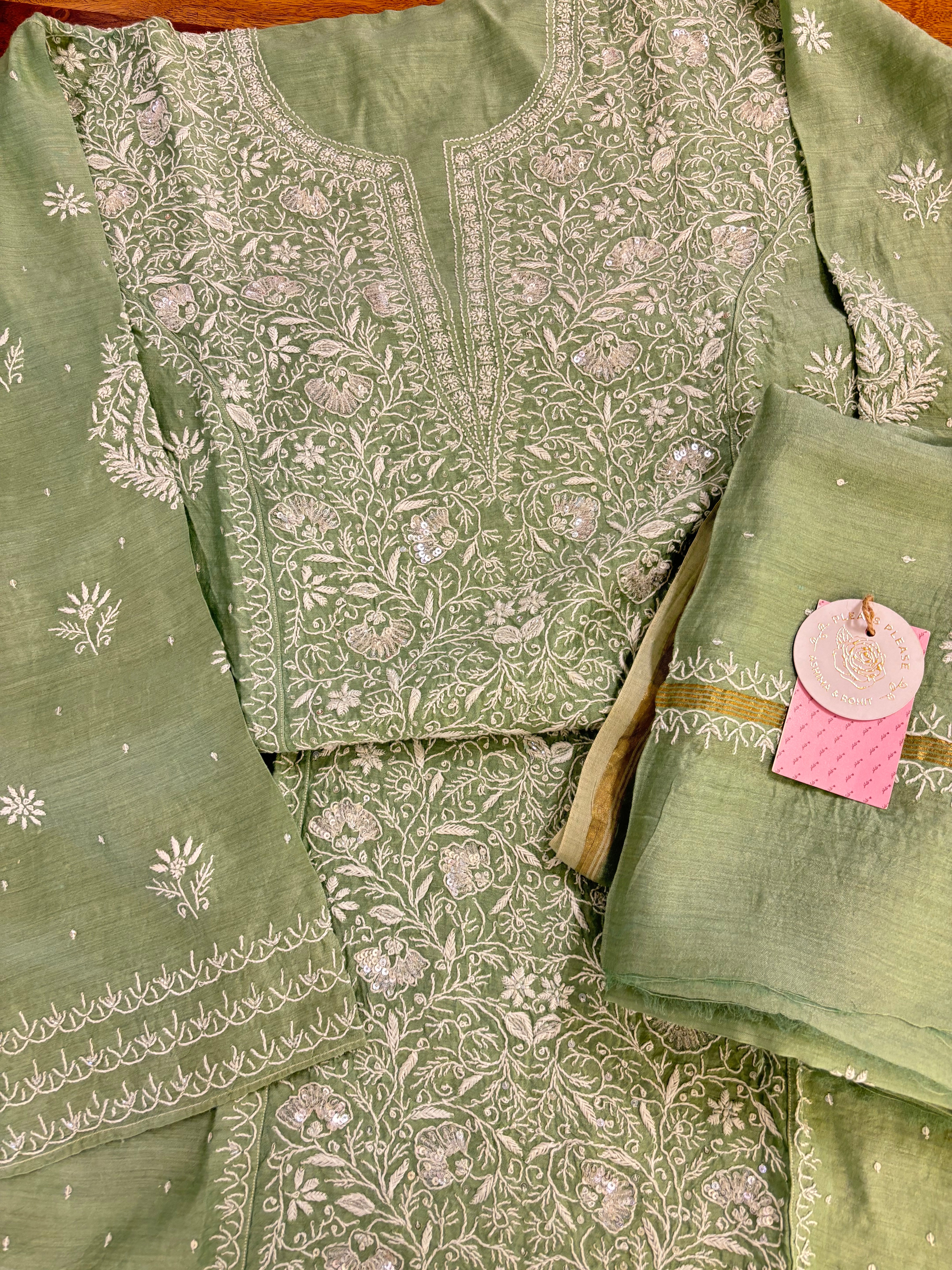 Sage Green Monga Silk Chikankari Kurta & Dupatta