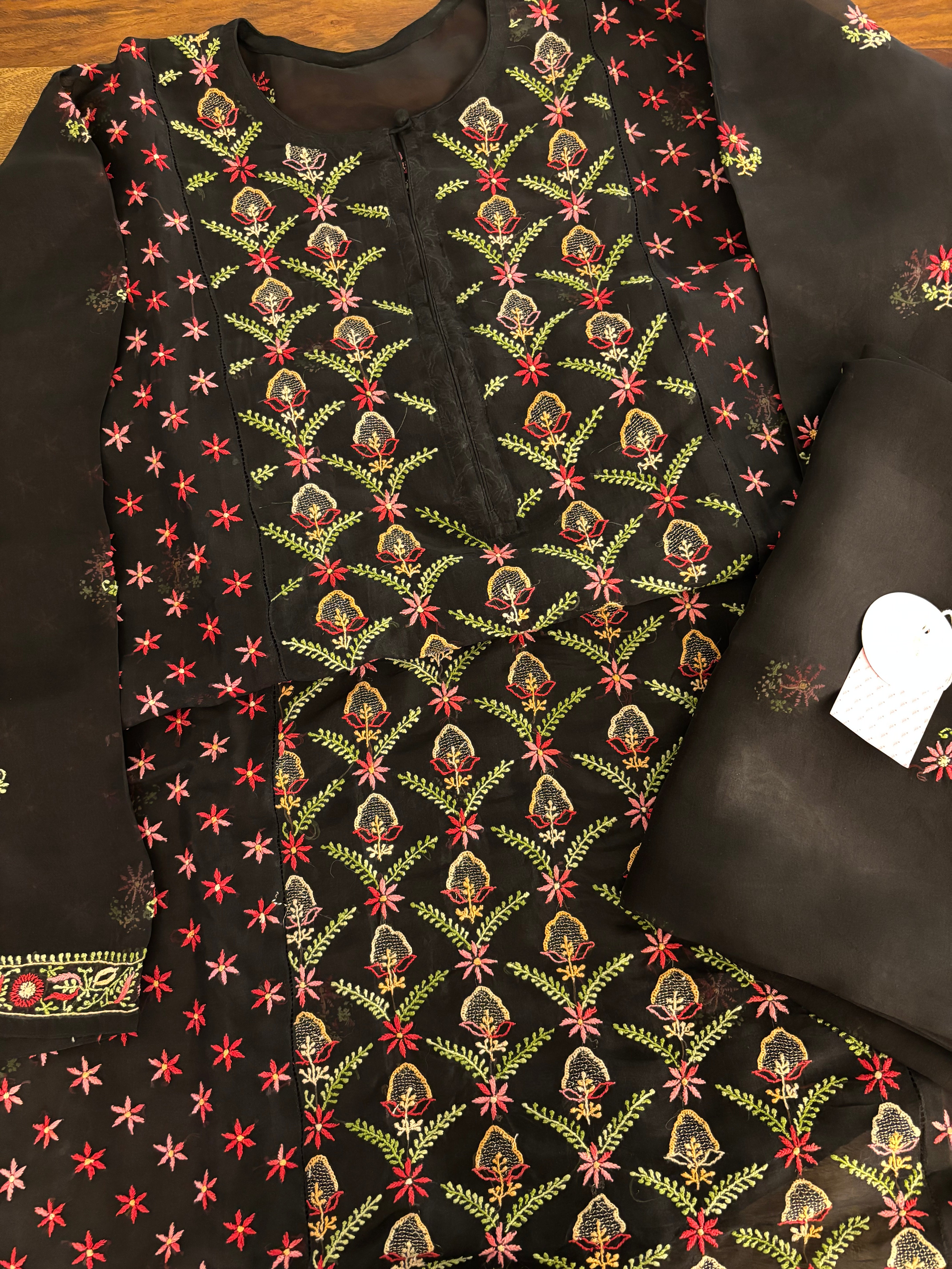 Black Organza Chikankari Kurta & Dupatta - Pleats PleaseChikankari