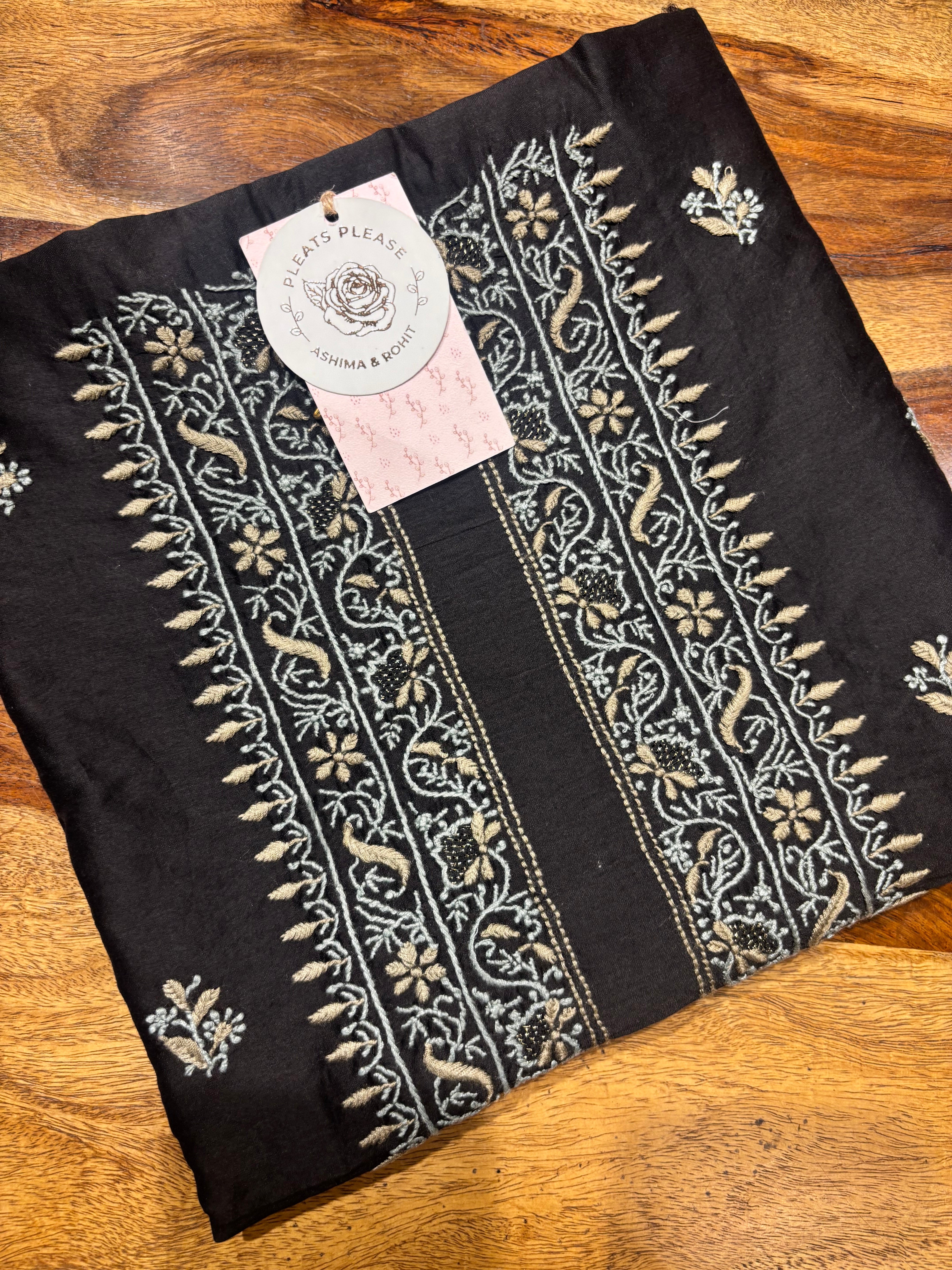 Black Chanderi Silk Chikankari Men’s Kurta Fabric