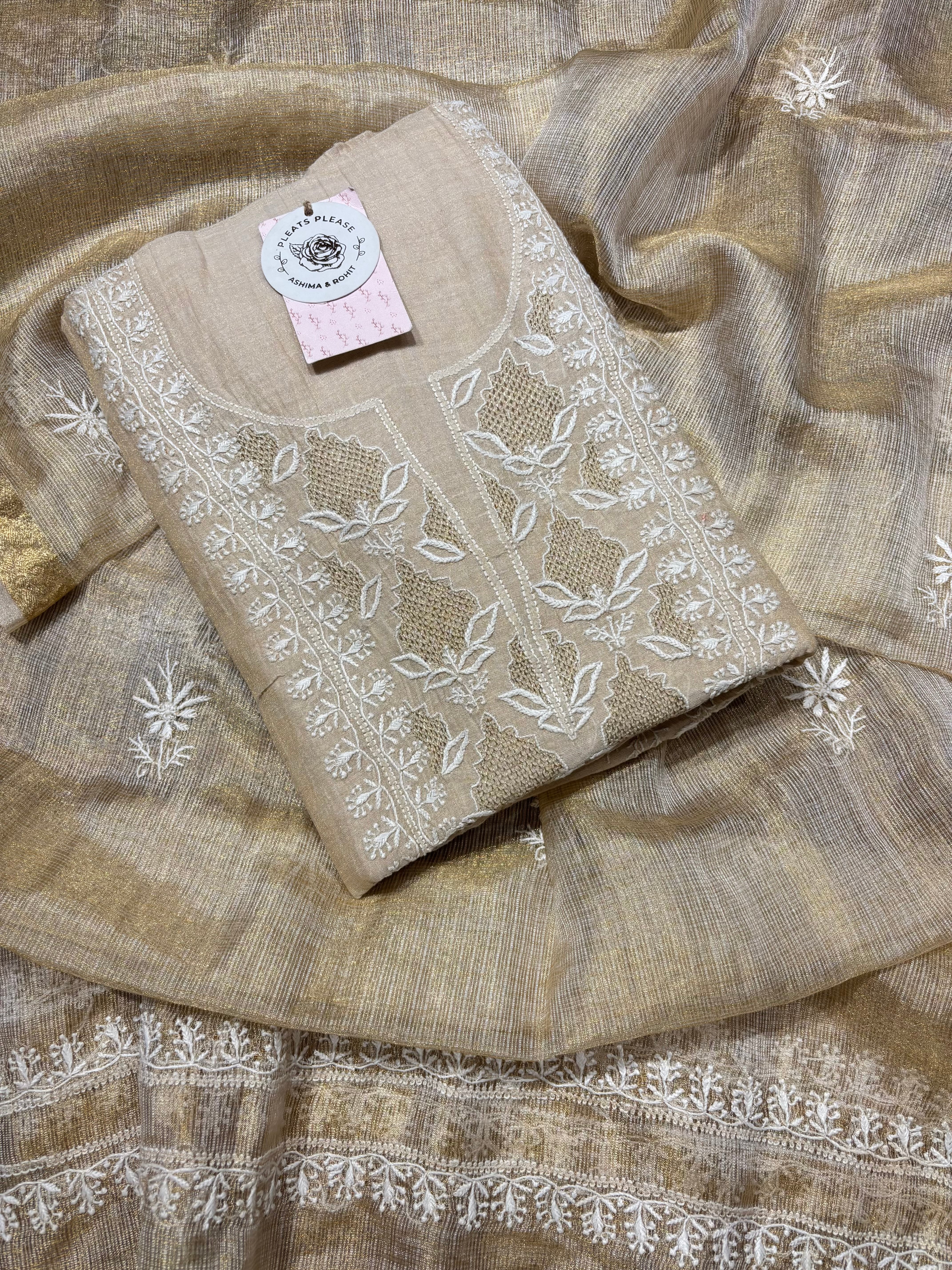 Dyeable Golden Tissue Chikankari Kurta & Dupatta Fabric