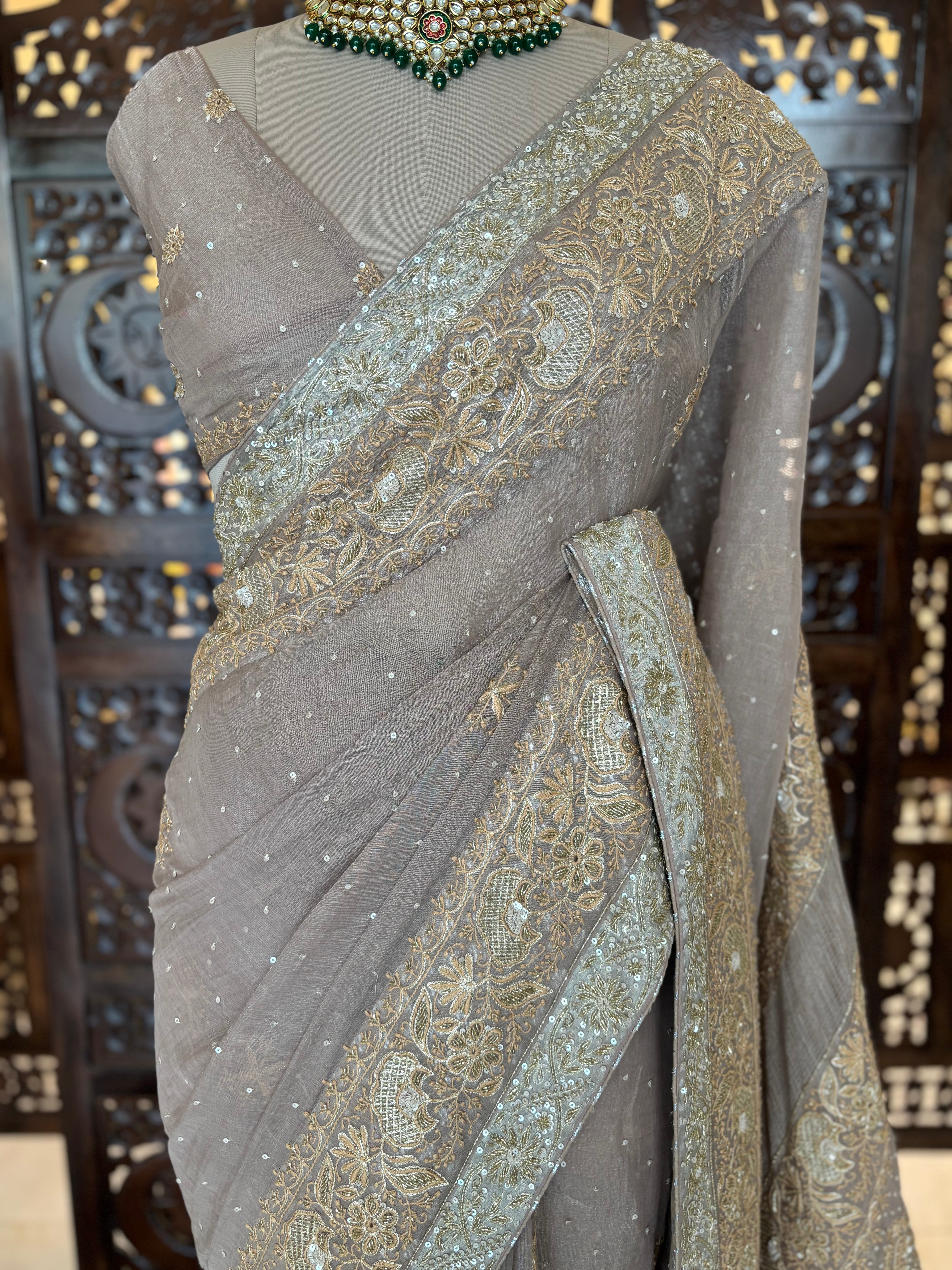 Antique Rose Gold Pure & Premium Tissue Chikankari Saree