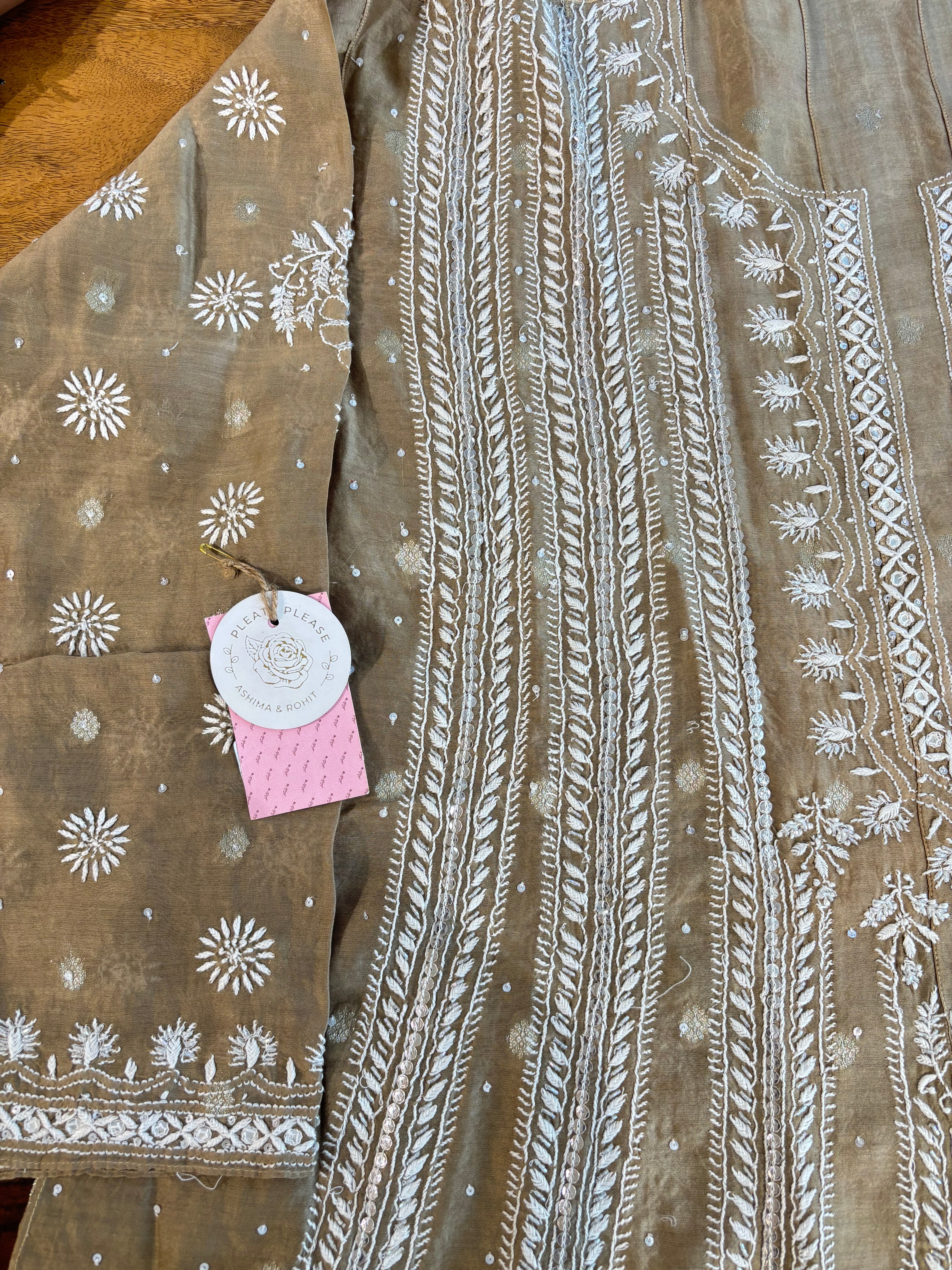Brown Chanderi Chikankari Anarkali With Organza Dupatta
