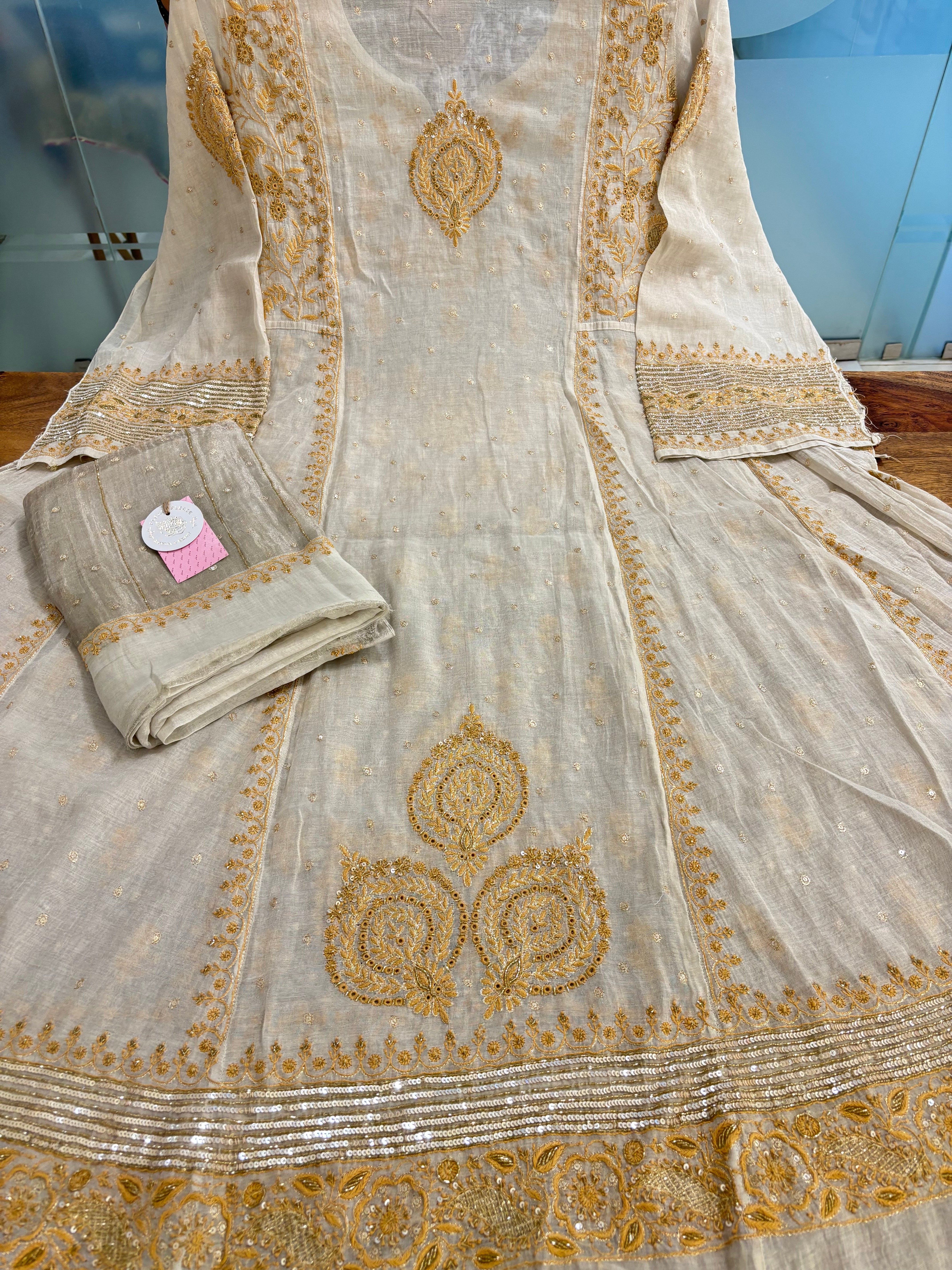Dyeable Pure & Premium Tissue Ivory Silver Chikankari Anarkali & Dupatta