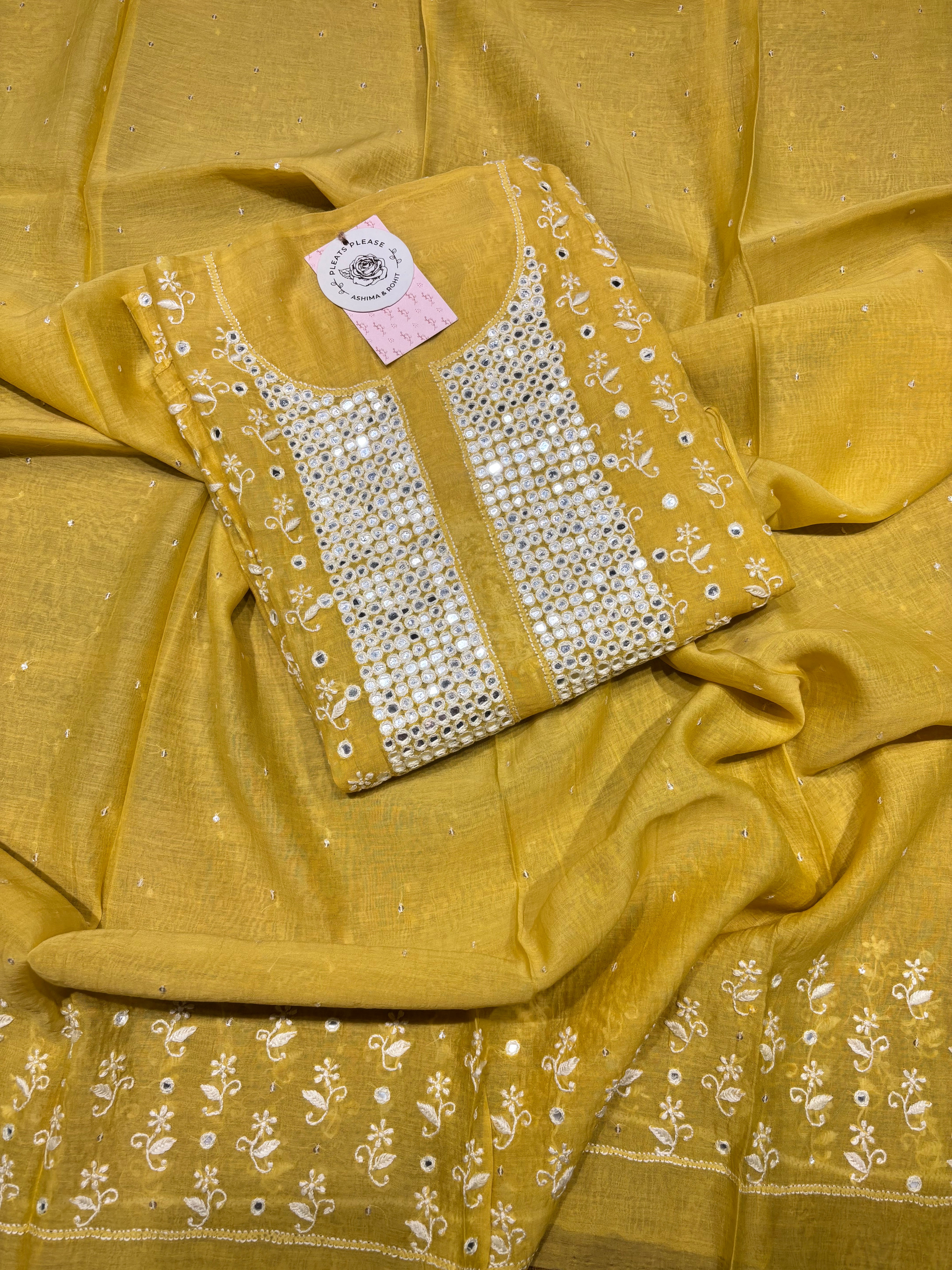 Yellow chanderi Mul Chikankari Kurta and Dupatta Set