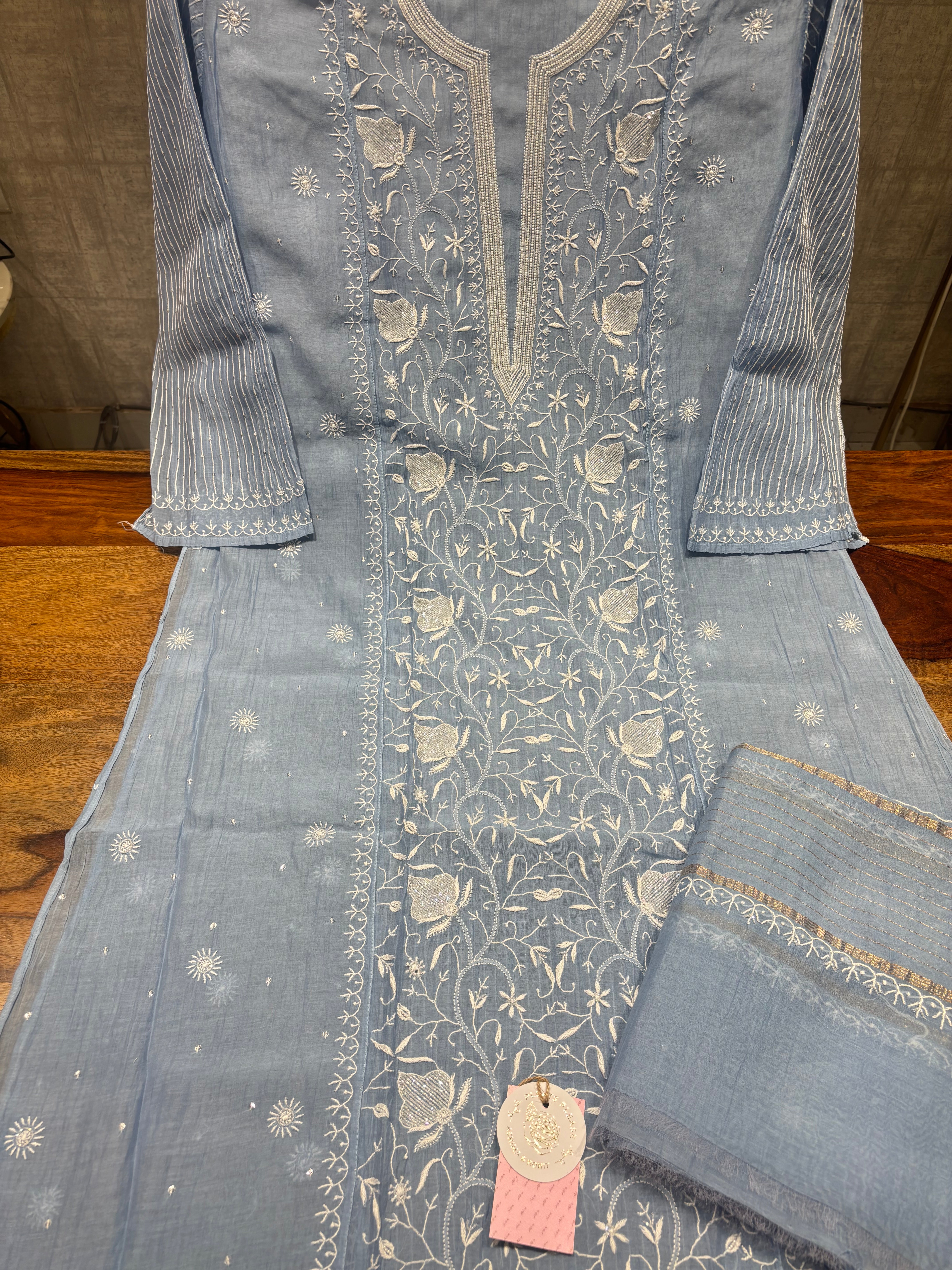 Blue Chanderi Mul Chikankari Kurta & Dupatta Set
