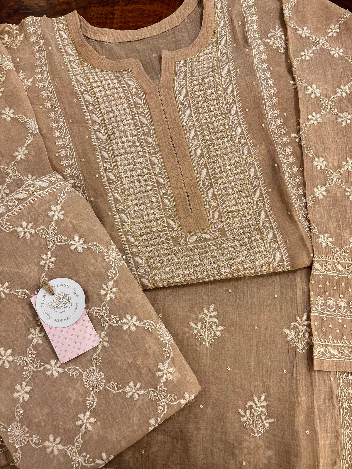 Dusty Peach Pure & Premium Tissue Chikankari Kurta & Dupatta