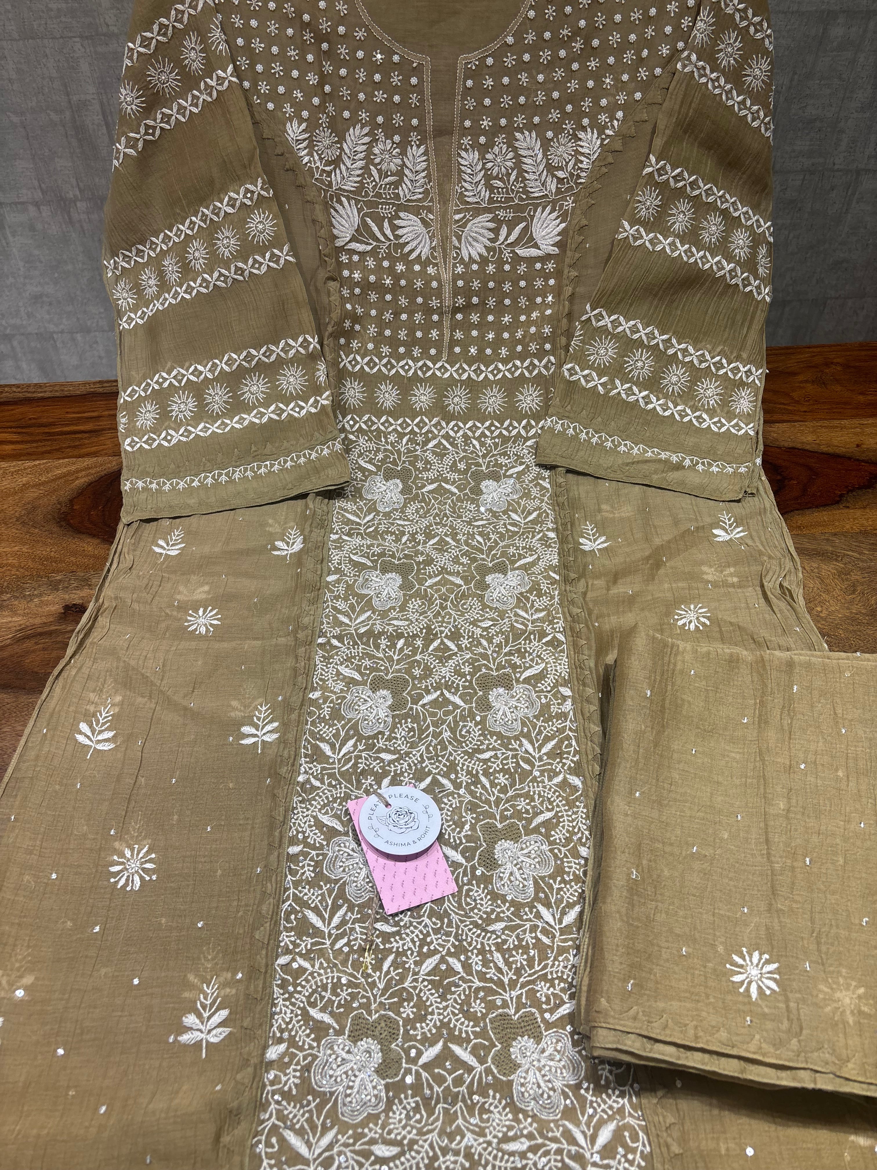 Military Green Chanderi Mul Chikankari Kurta and Dupatta Set