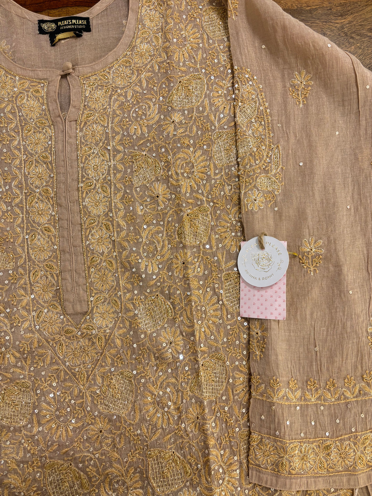 Antique Beige Pure & Premium Tissue Chikankari Kurta & Dupatta