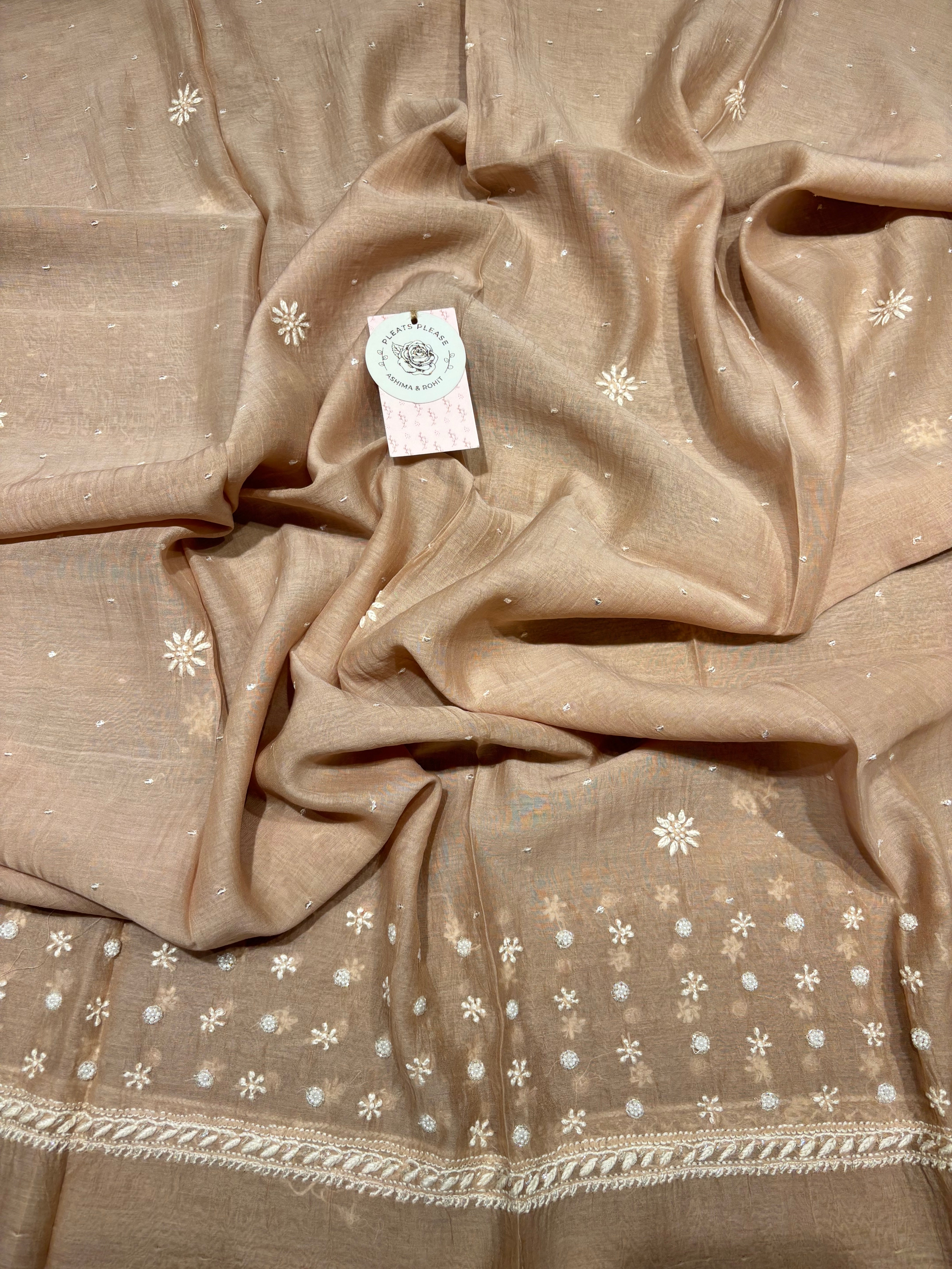 Nude Peach Chanderi Mul Chikankari Anarkali and Dupatta Set