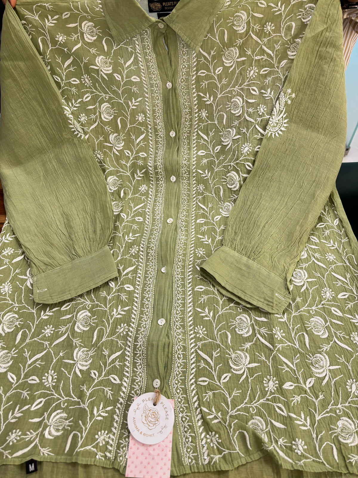 Olive Green Chanderi Mul Chikankari Women’s Shirt