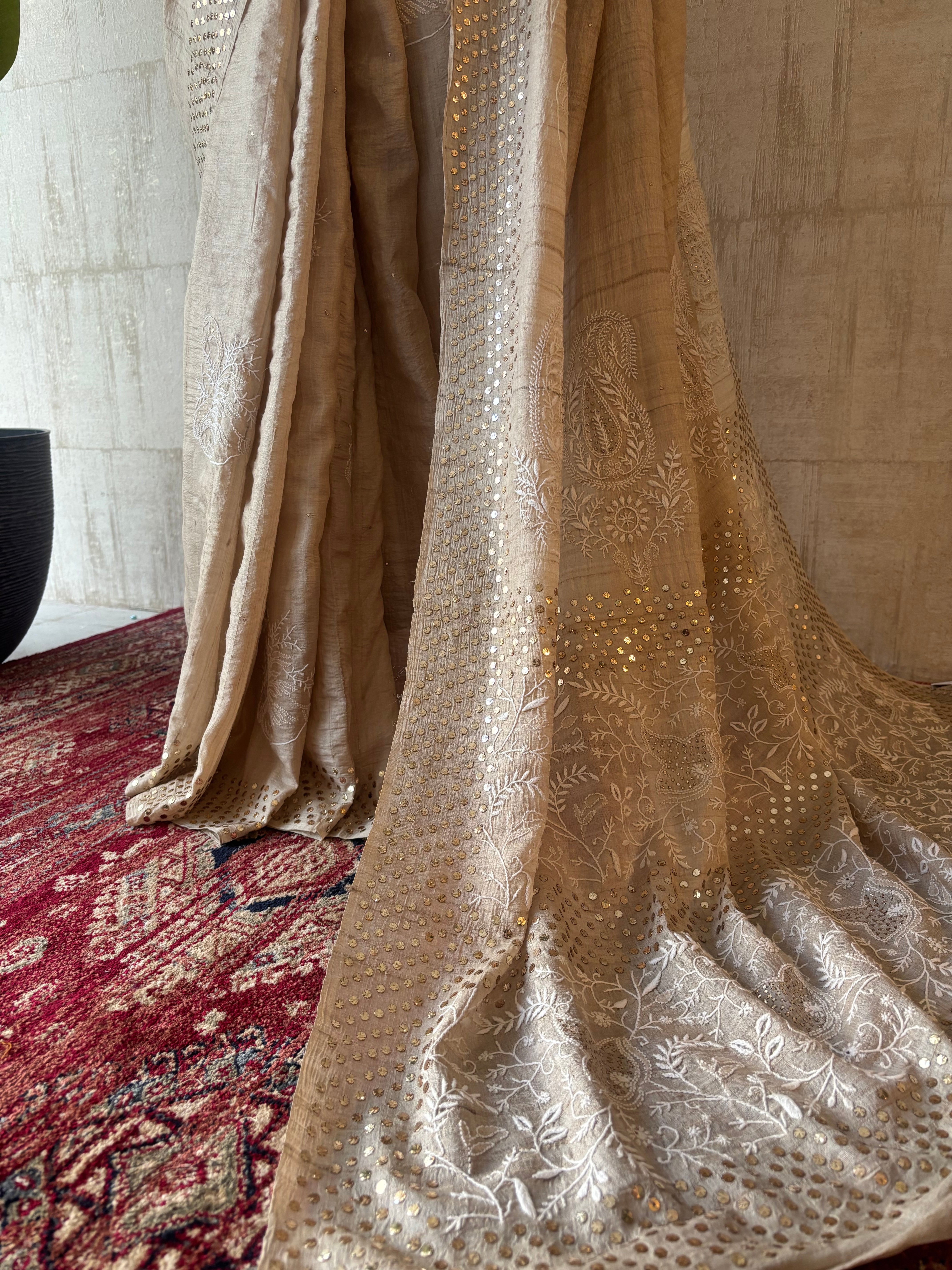 Dyeable Pure and Premium Tussar Silk Chikankari & Mukaish Saree and Blouse