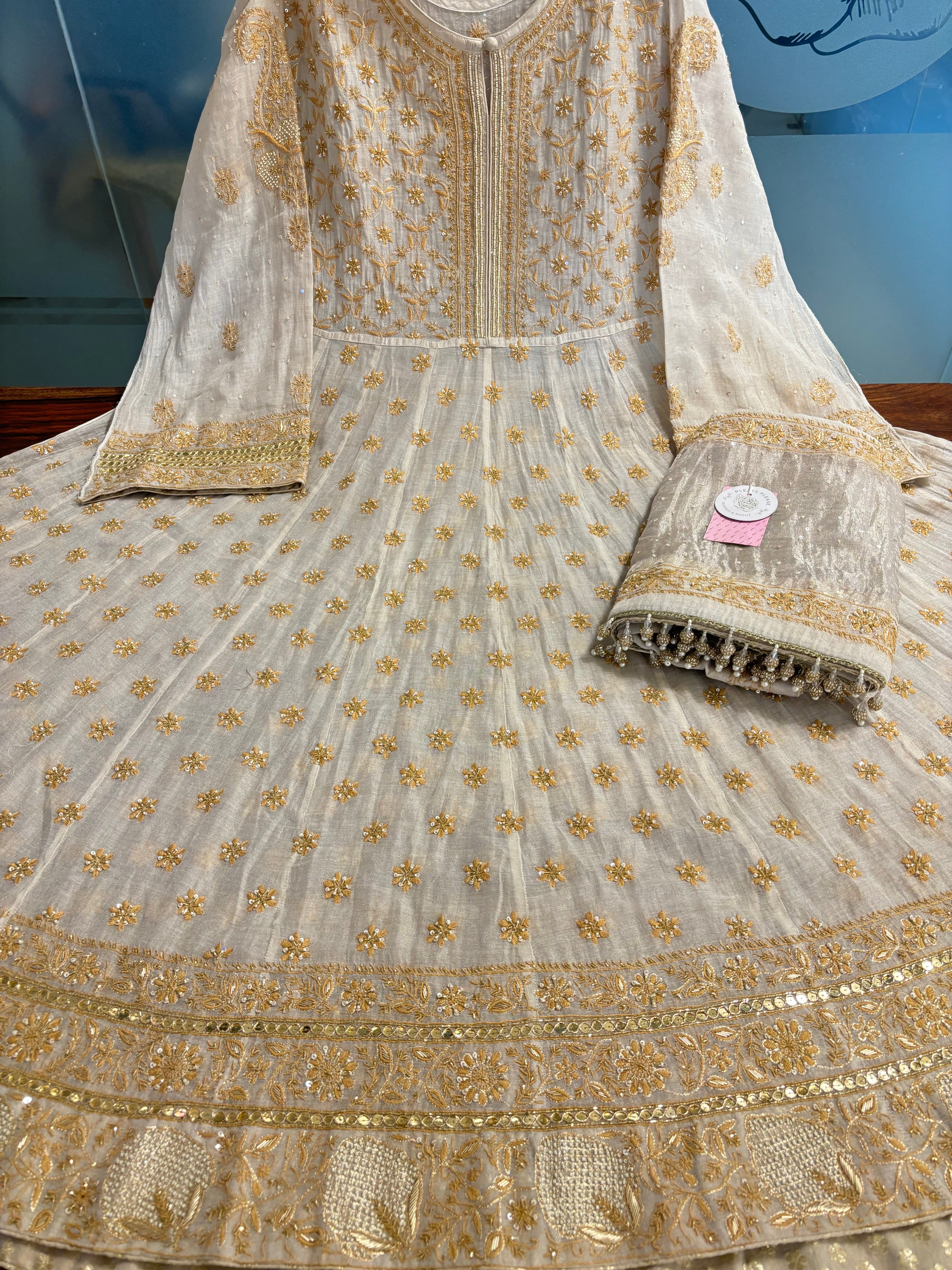 Dyeable Pure & Premium Silver Tissue Chikankari Anarkali & Dupatta Set - Pleats PleaseChikankari