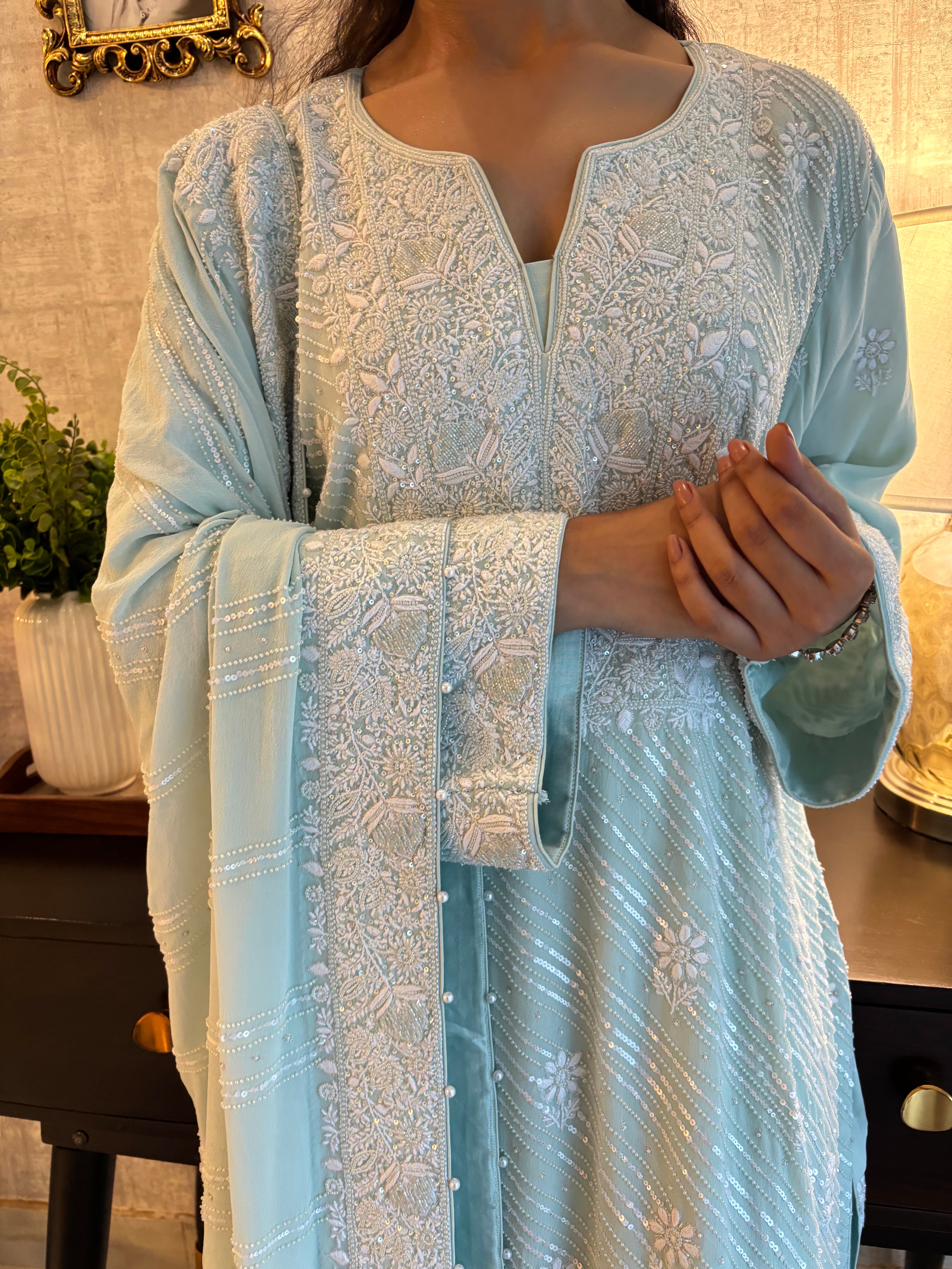 Ice Blue Pure & Premium Georgette Kurta, Sharara & Dupatta Set