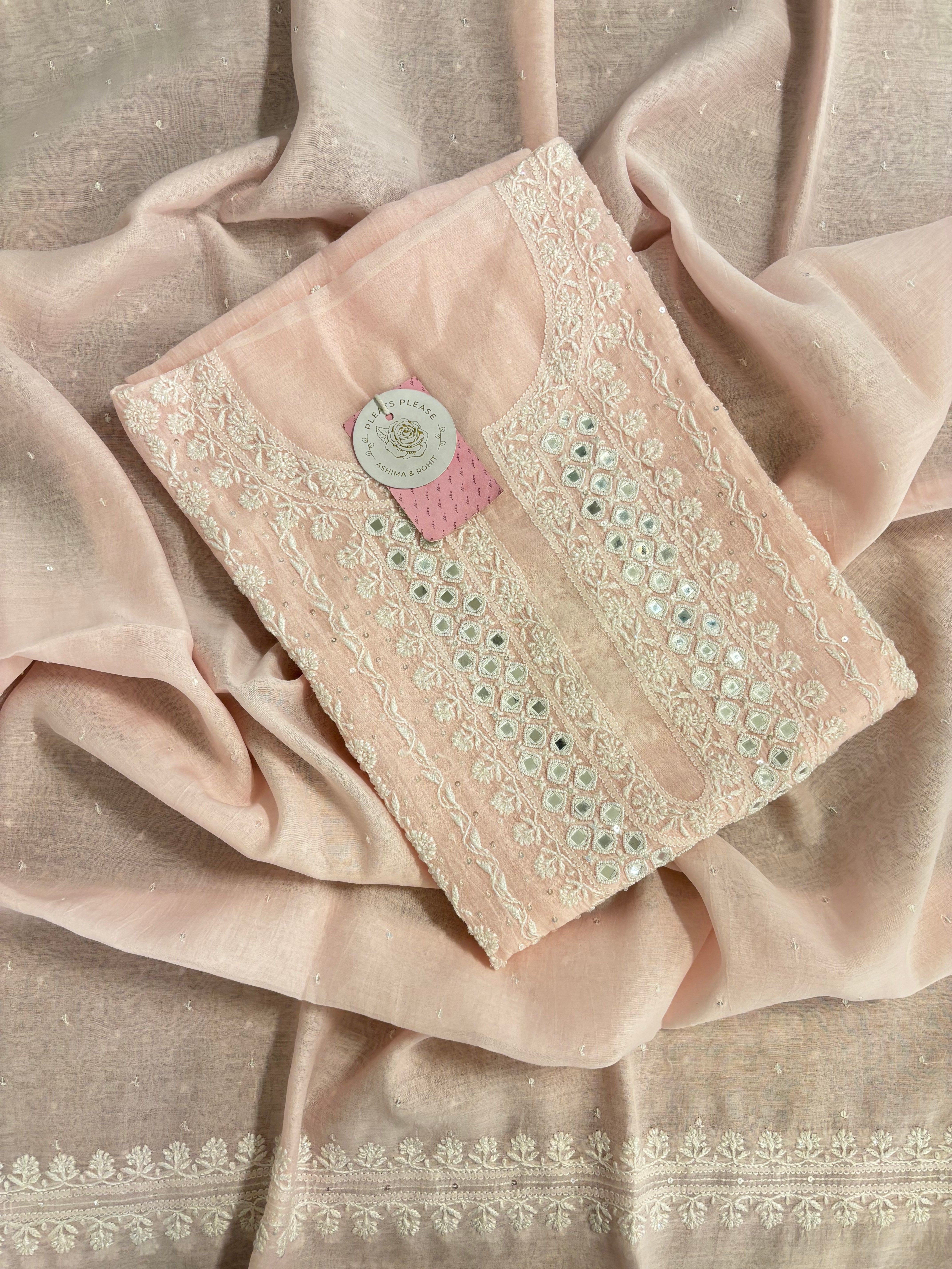 Powder Pink Pure Chanderi Chikankari Kurta & Dupatta Set
