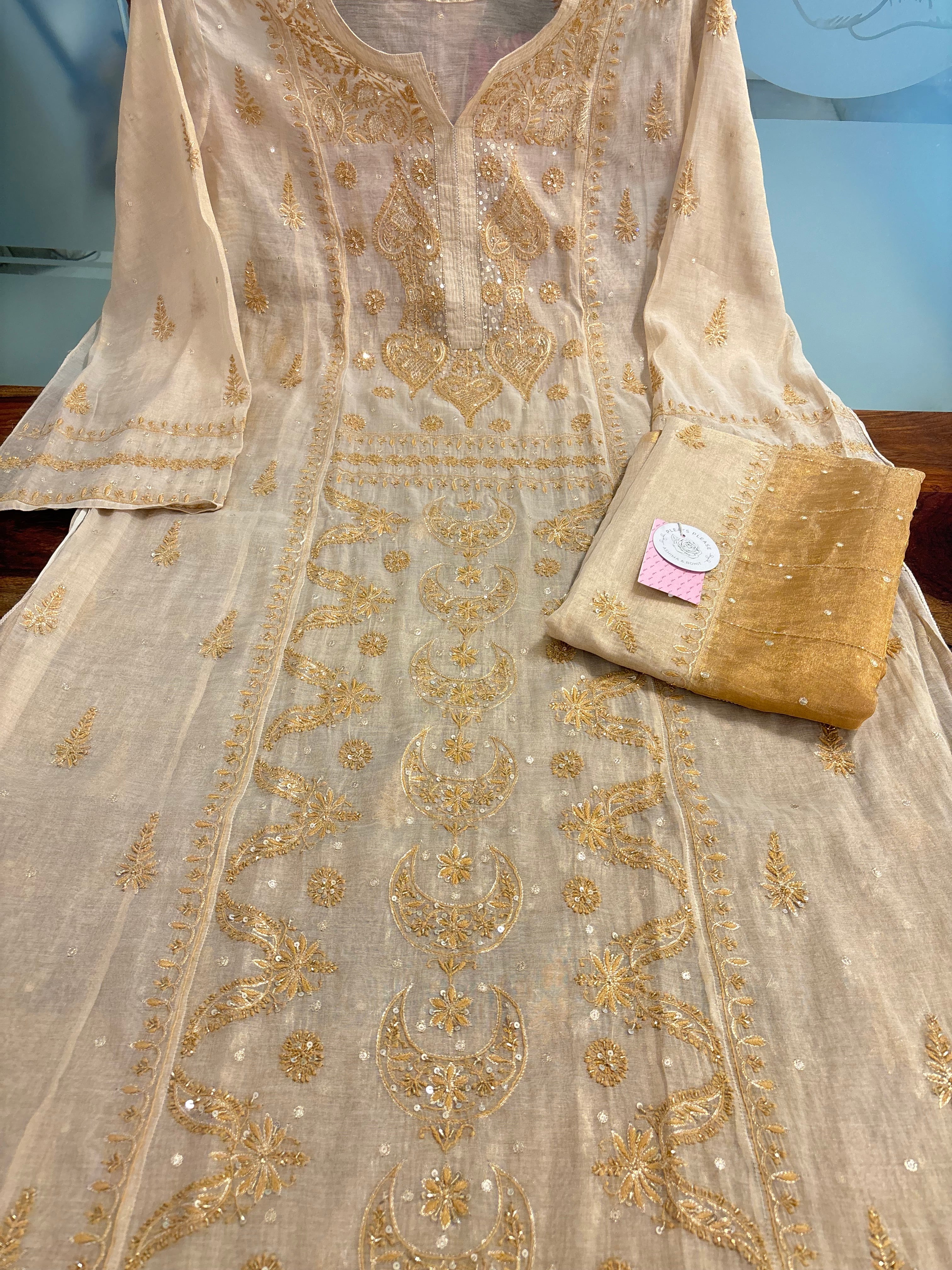 Dyeable Pure & Premium Tissue Chand Boota Chikankari Kurta & Dupatta - Pleats PleaseChikankari