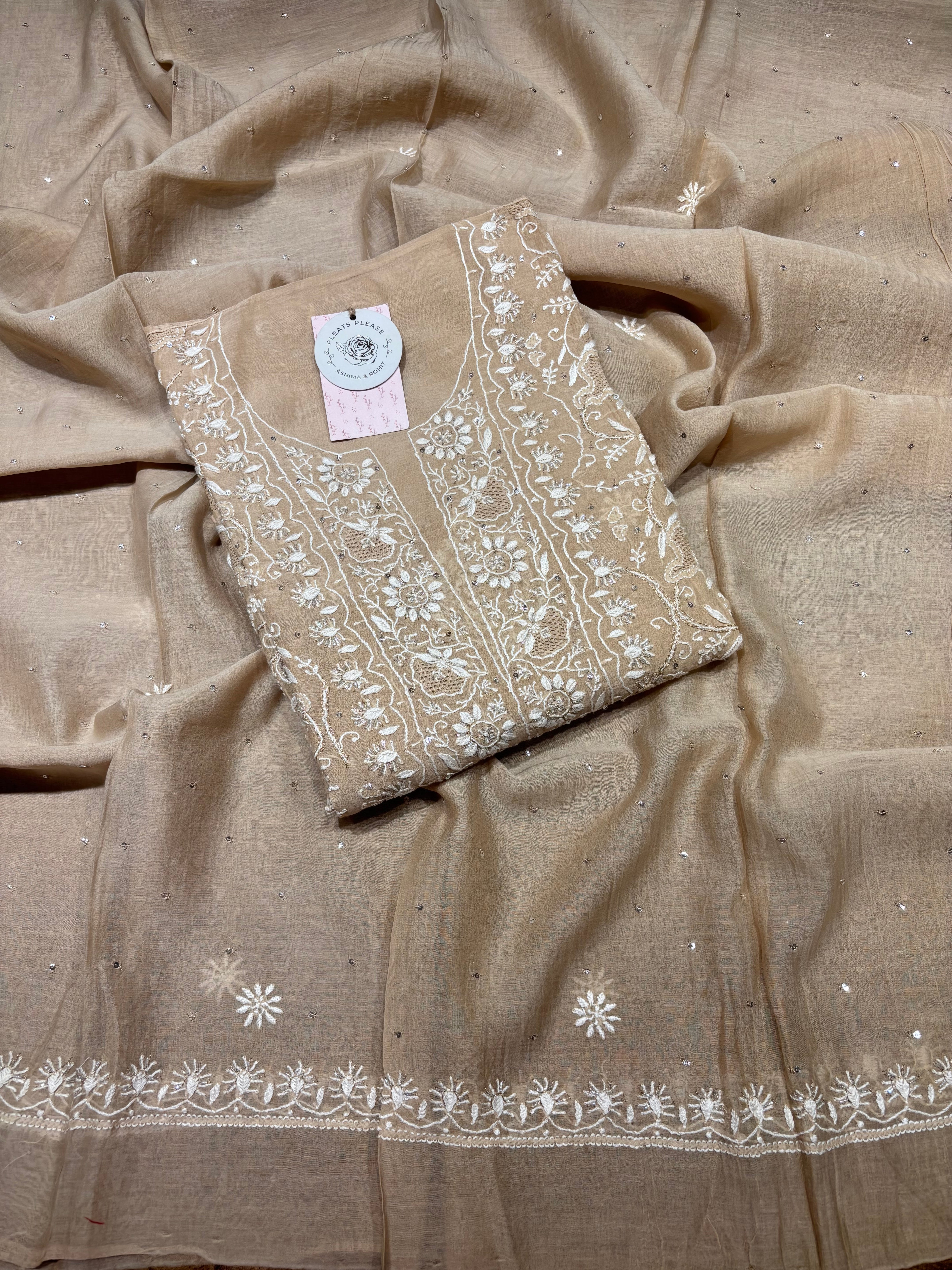 Coffee Creme Chanderi Mul Chikankari Kurta & Dupatta Set