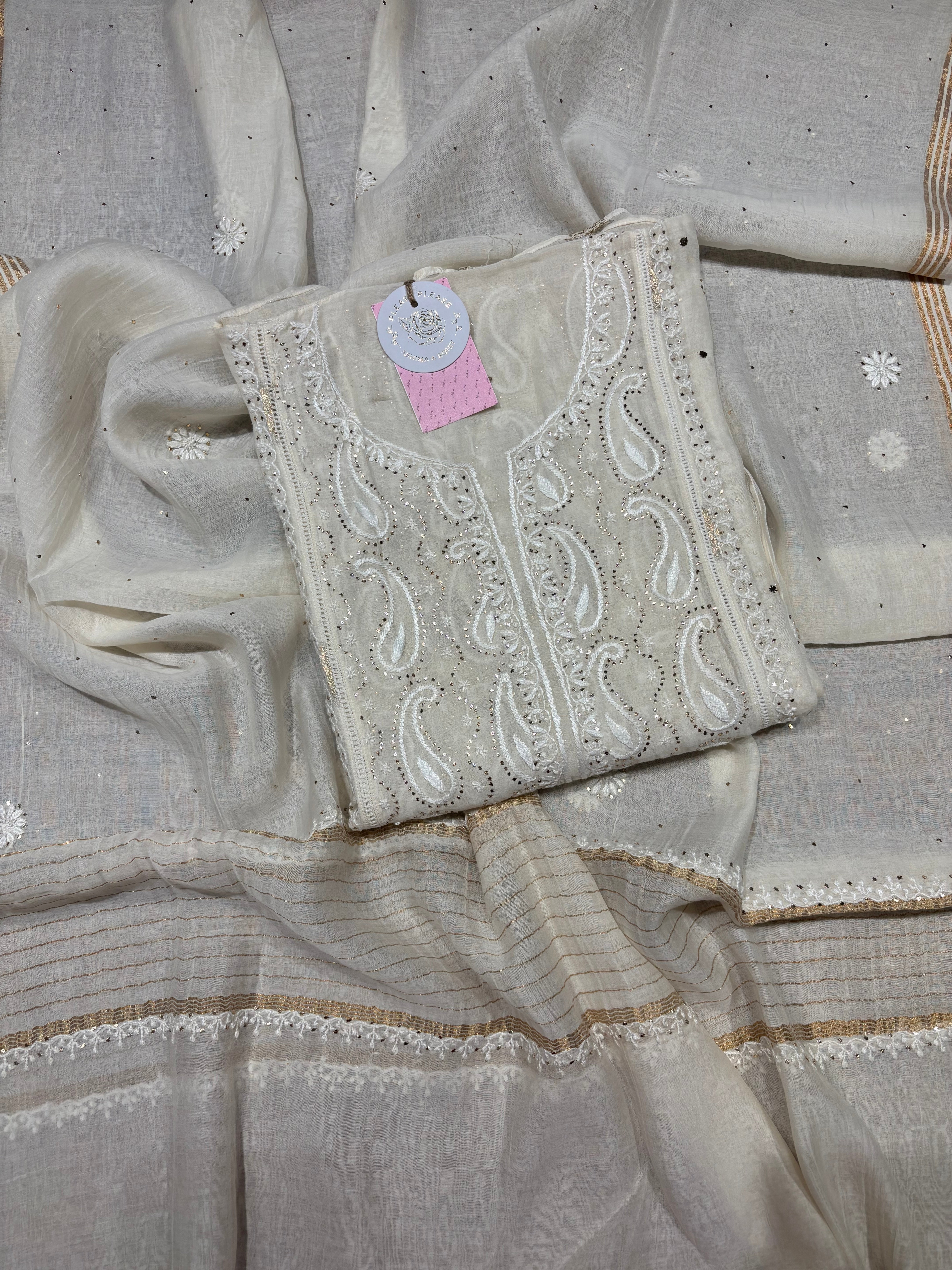 Dyeable Chanderi Mul Chikankari & Mukaish Kurta & Dupatta Set