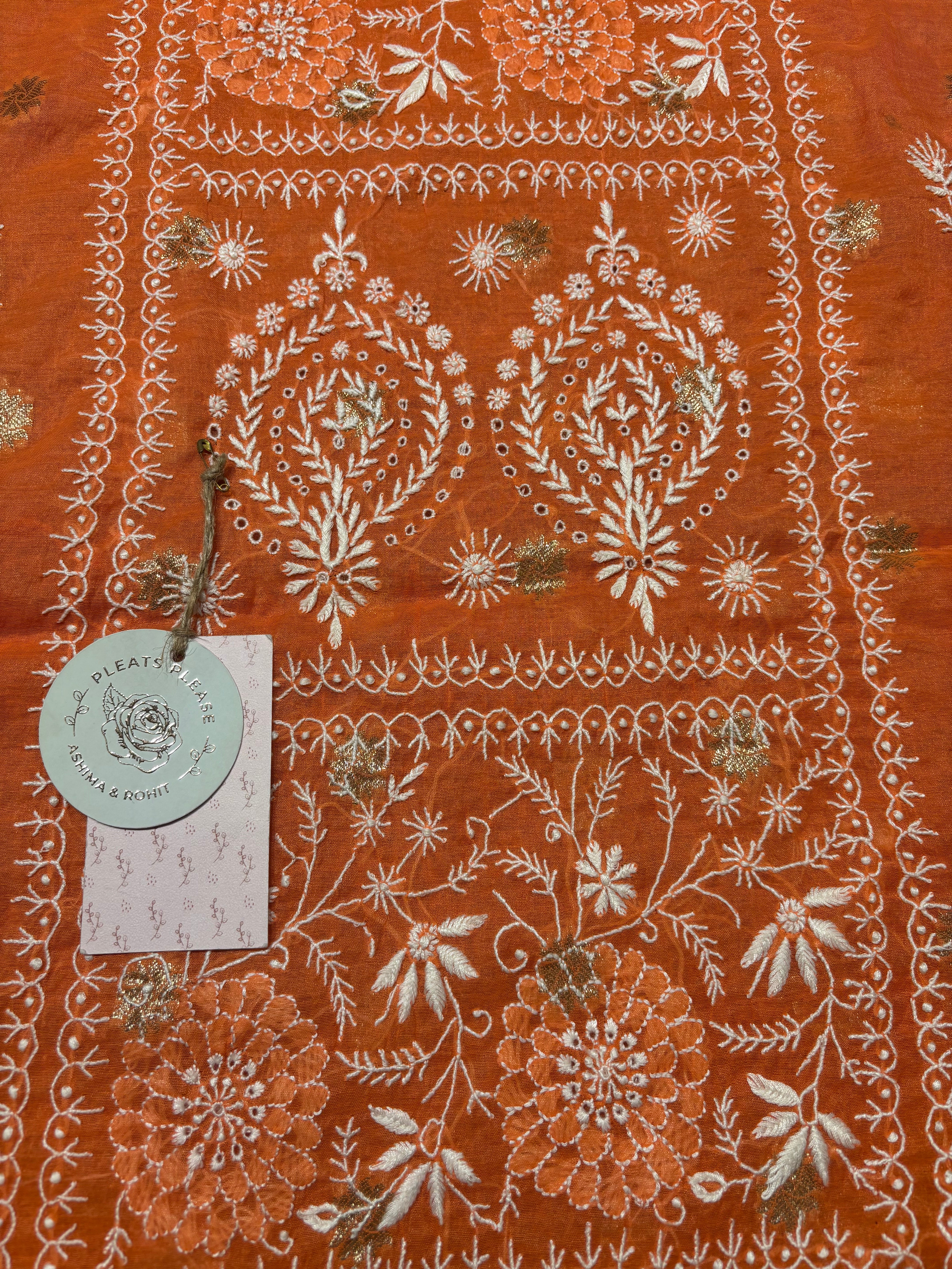 Burnt Orange Chanderi Silk Chikankari Kurta And Dupatta Fabric