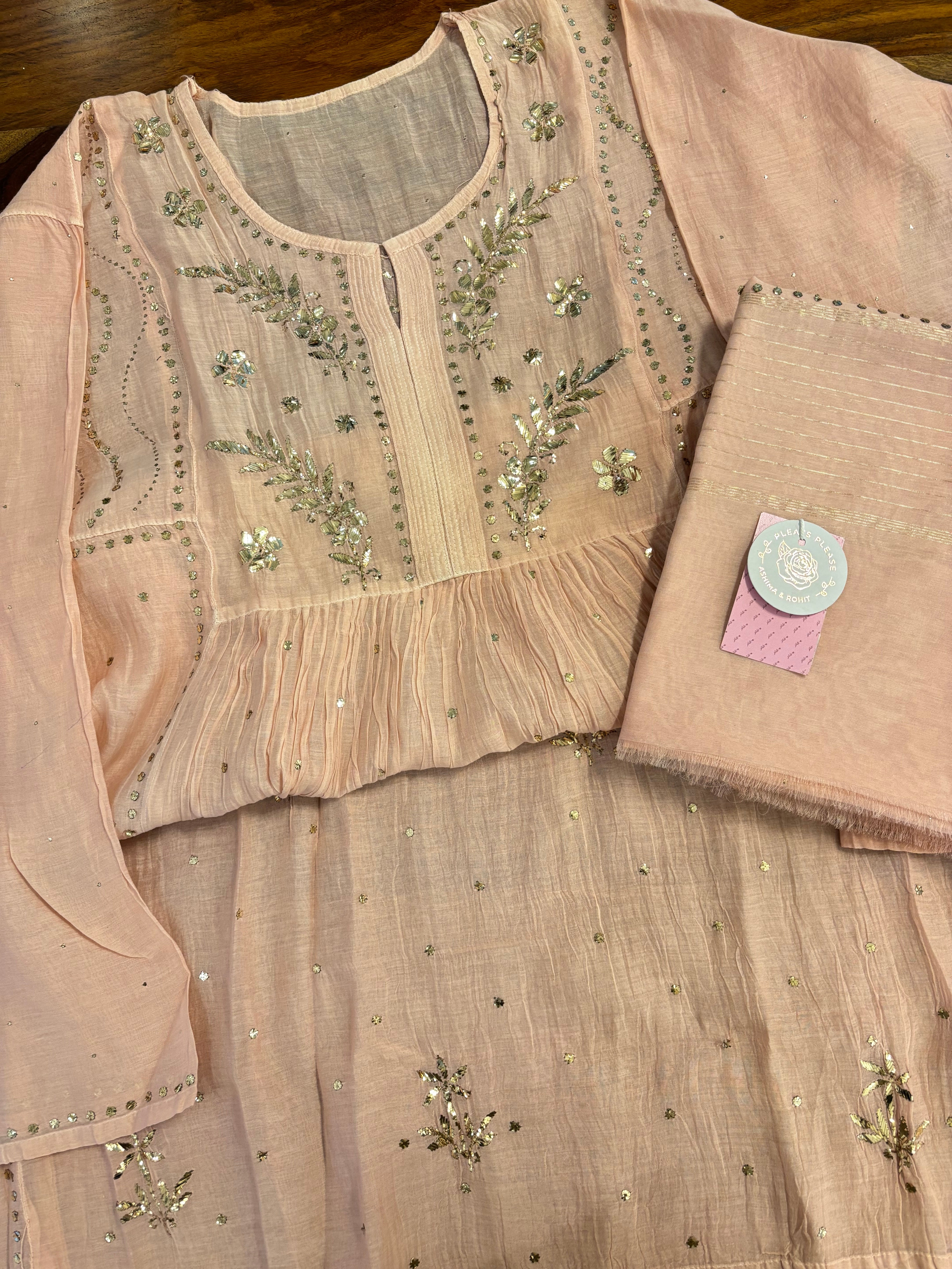 Peach Chanderi A-Line Mukaish Kurta & Dupatta