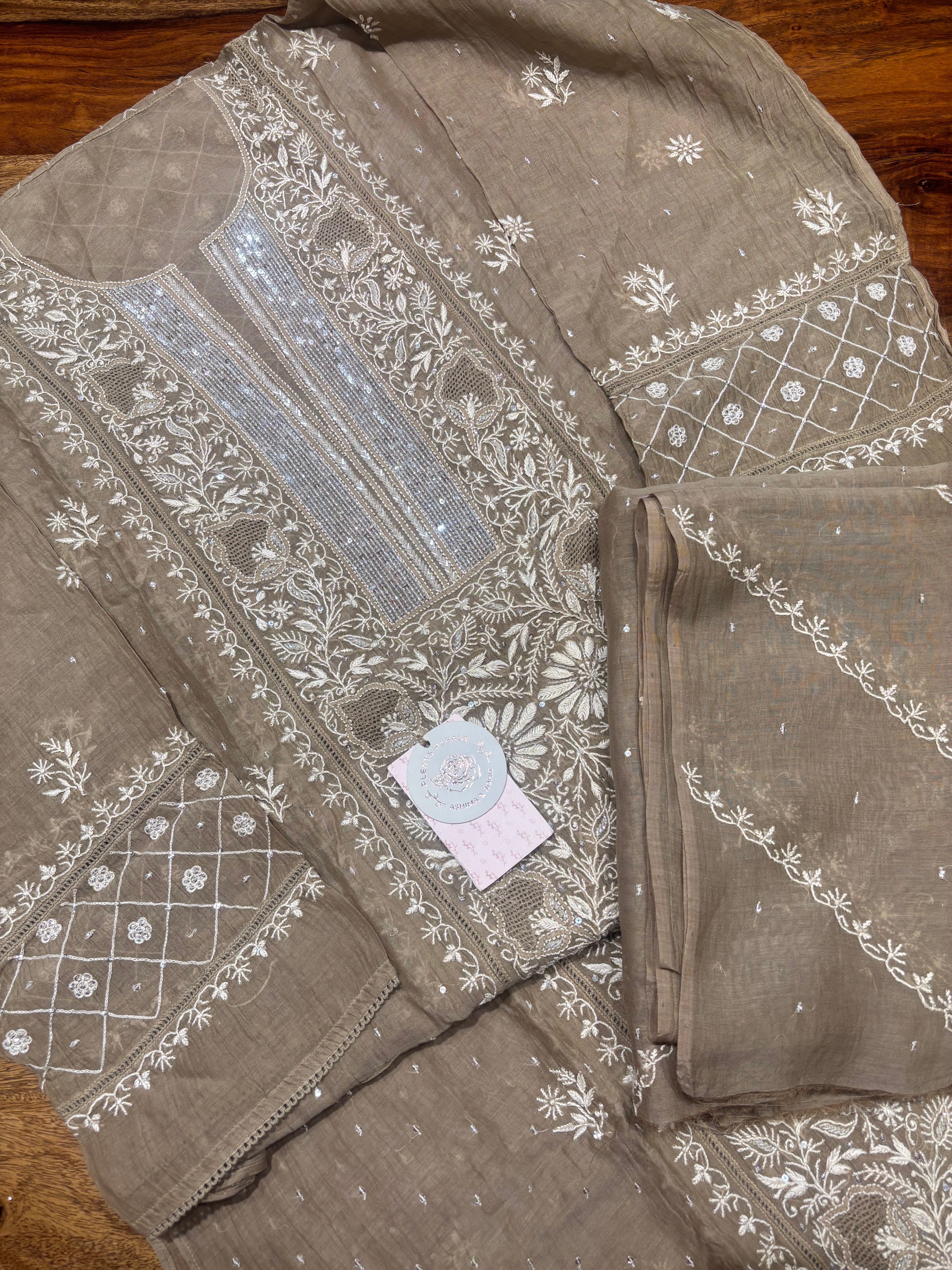 Brown Chanderi Mul Chikankari Kurta & Dupatta Set
